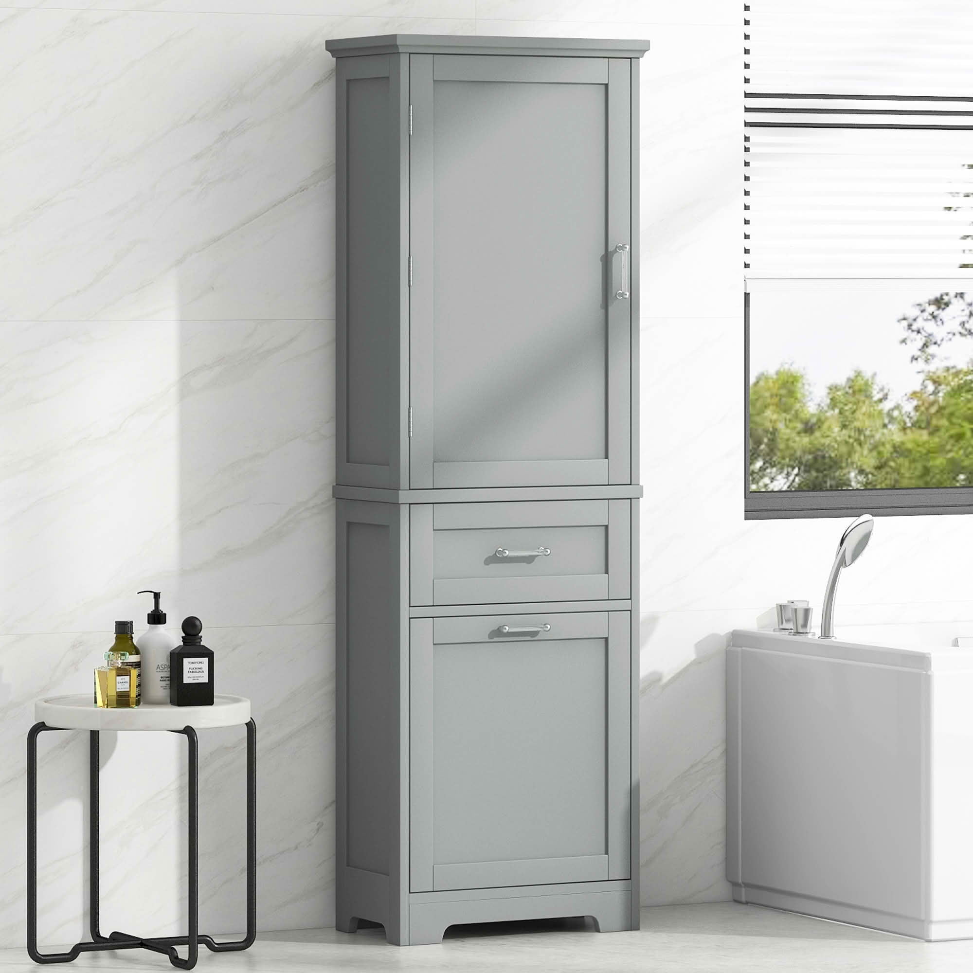 MAYEERTY Tall Bathroom Cabinet 2 Size Drawers Adjustable Shelf MDF Painted Gray
