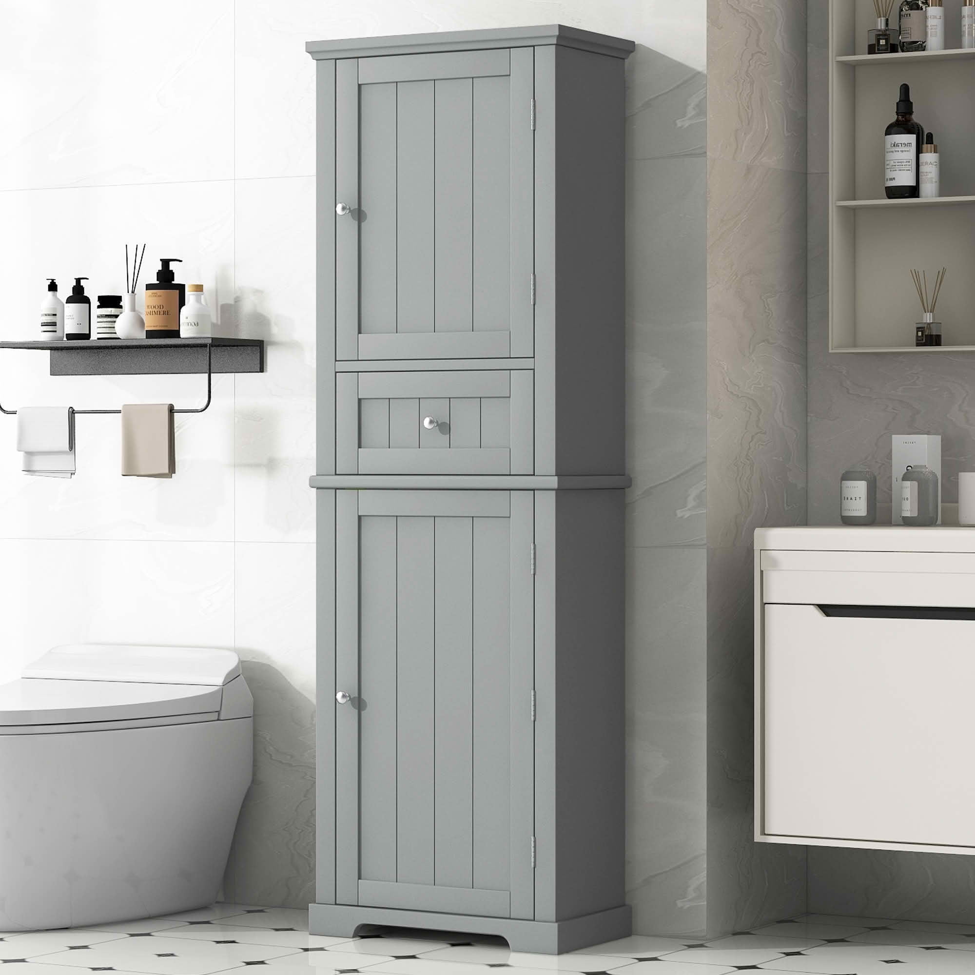 MAYEERTY Tall Bathroom Cabinet Freestanding Storage Drawer Adjustable Shelf MDF Painted Gray