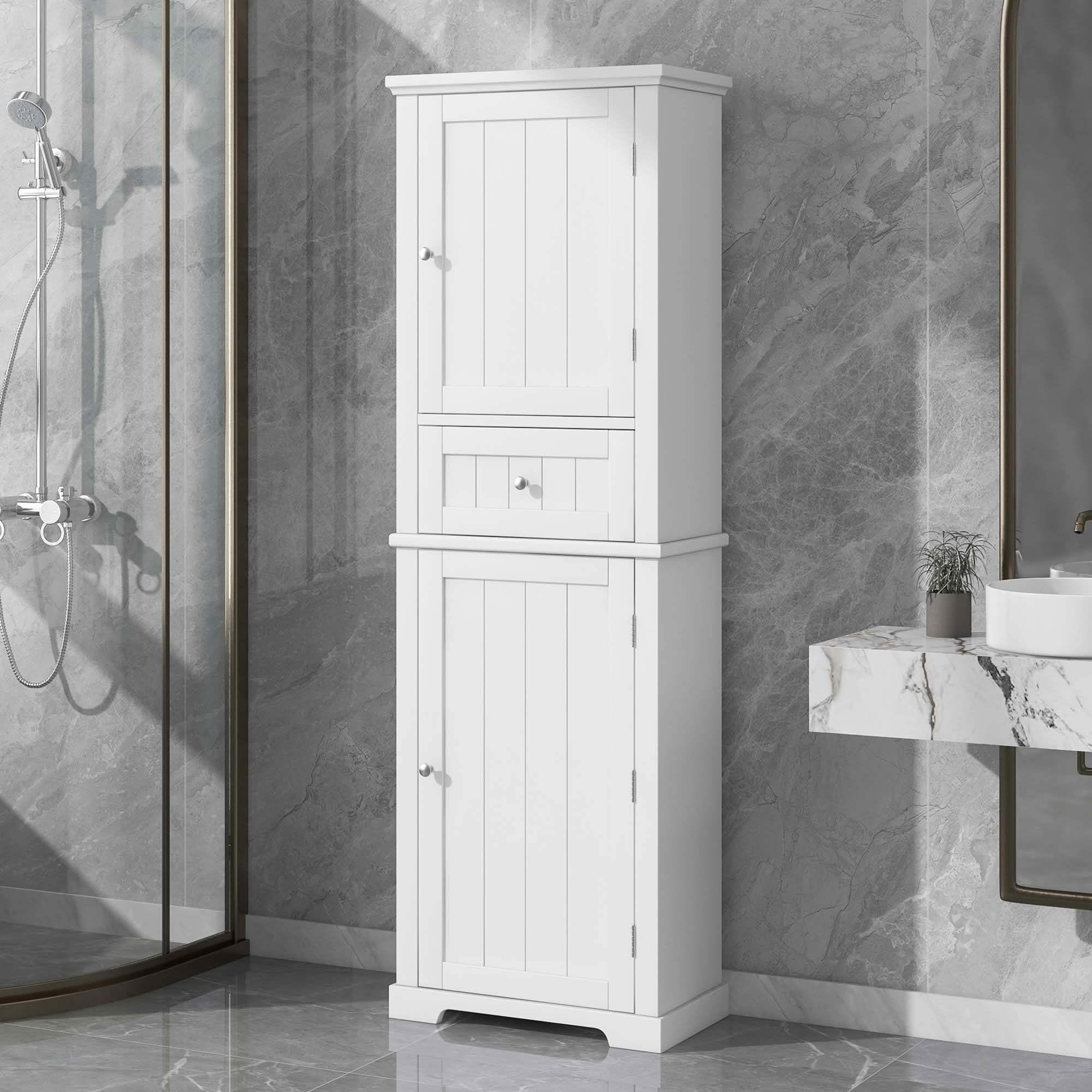 MAYEERTY Tall Bathroom Cabinet Freestanding Storage Drawer Adjustable Shelf MDF Painted White