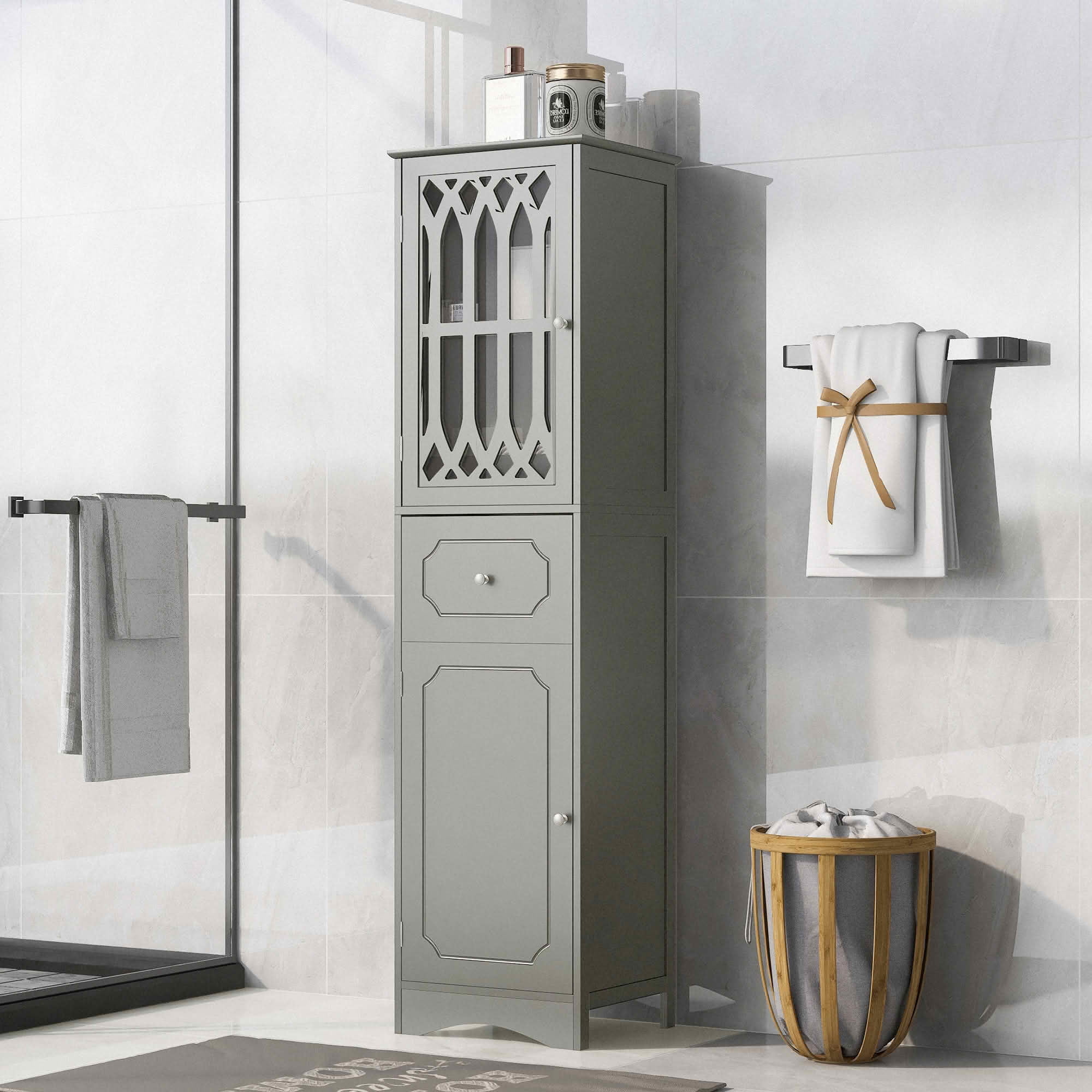 MAYEERTY Tall Bathroom Cabinet Freestanding Storage Drawer Doors MDF Acrylic Door Adjustable Shelf Gray