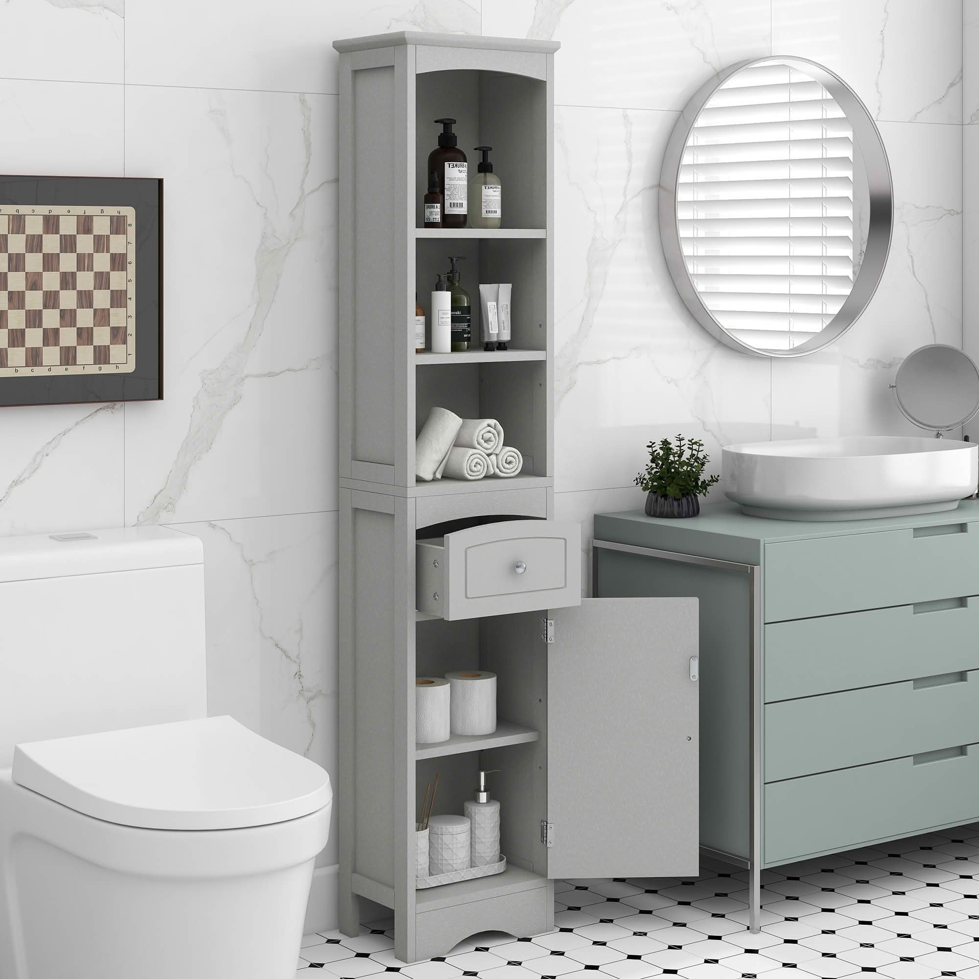 MAYEERTY Tall Bathroom Cabinet Freestanding Storage Drawer MDF Adjustable Shelf Gray