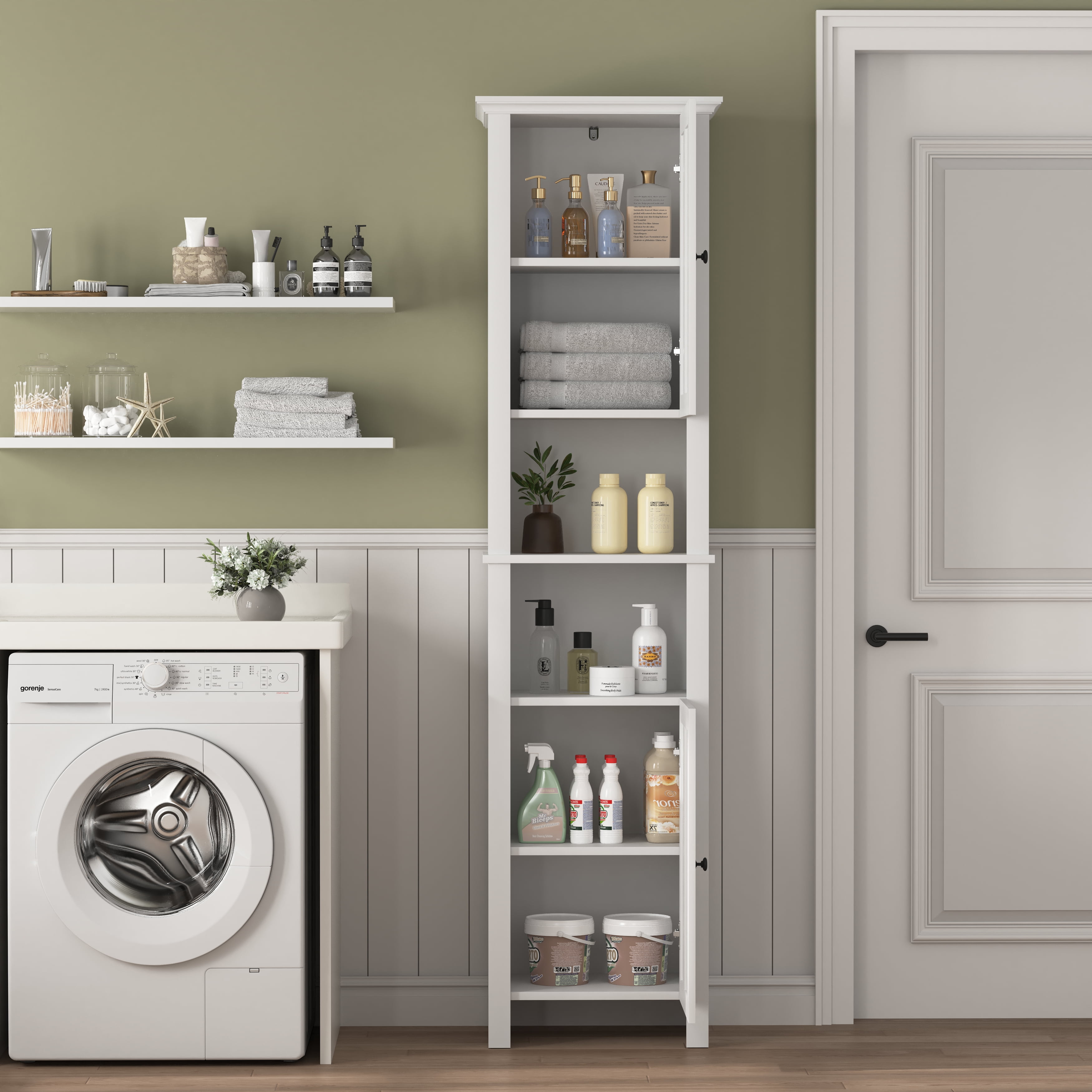 MAYEERTY Tall Bathroom Storage Cabinet with 2 Doors & 6 Shelves