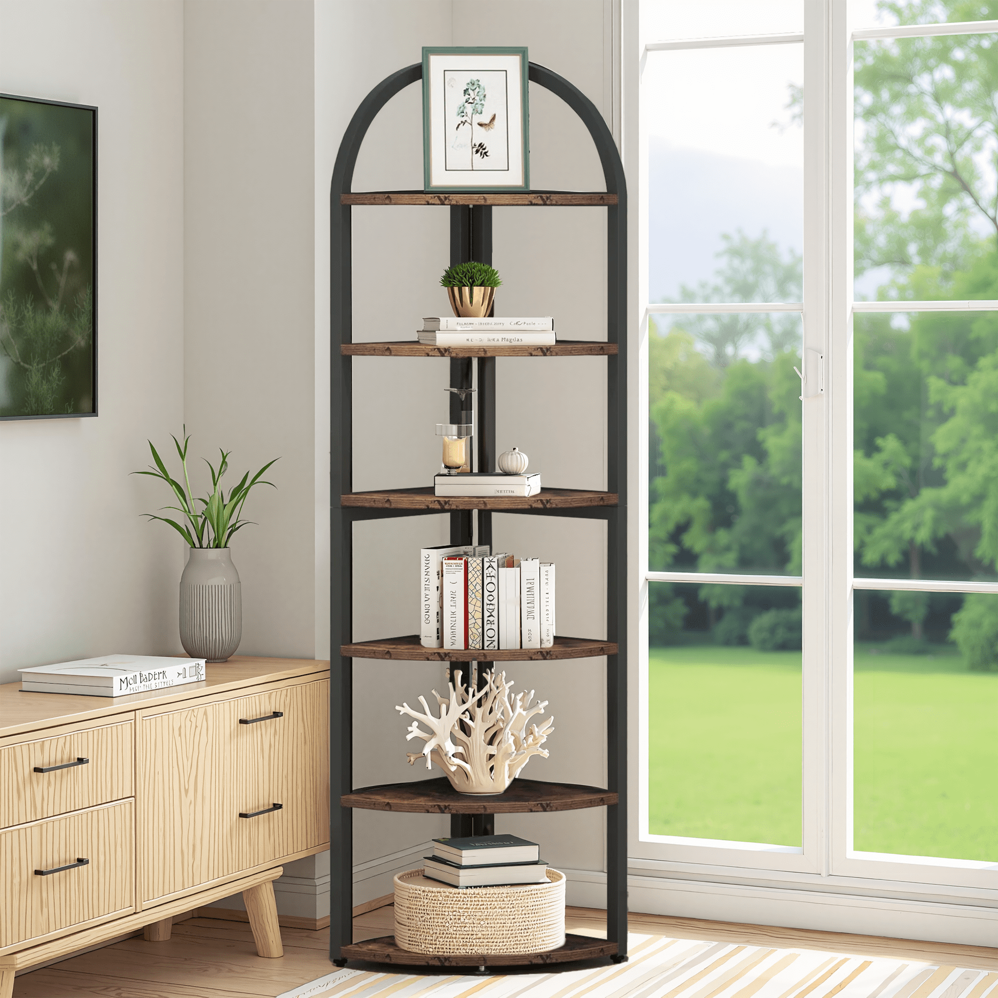 MAYEERTY Fan-Shaped 6-Tier Corner Storage Shelf, 71" Freestanding Display Rack, Multi-Purpose Bookshelf & Plant Stand for Compact Rooms