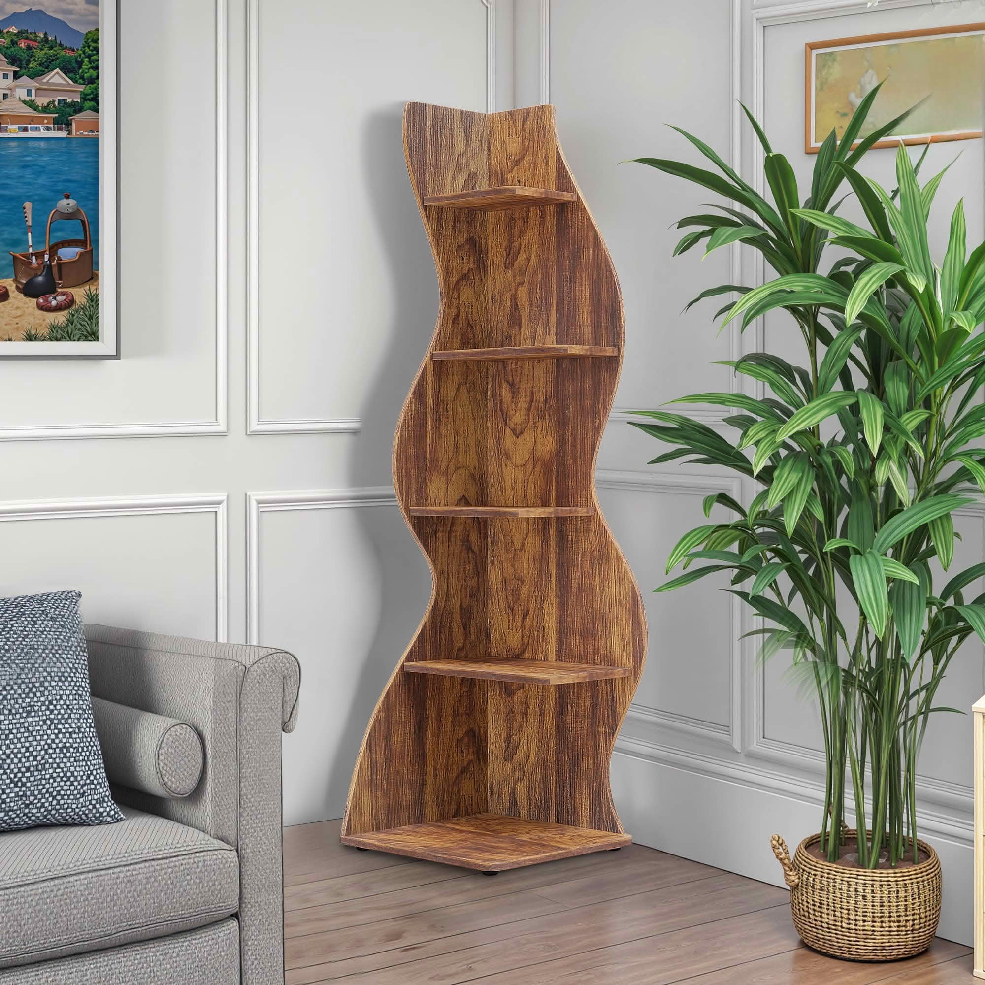 MAYEERTY Vintage 5-Tier Corner Bookcase, Adjustable Wall Corner Display Shelf, Decorative Storage Organizer for Home & Office