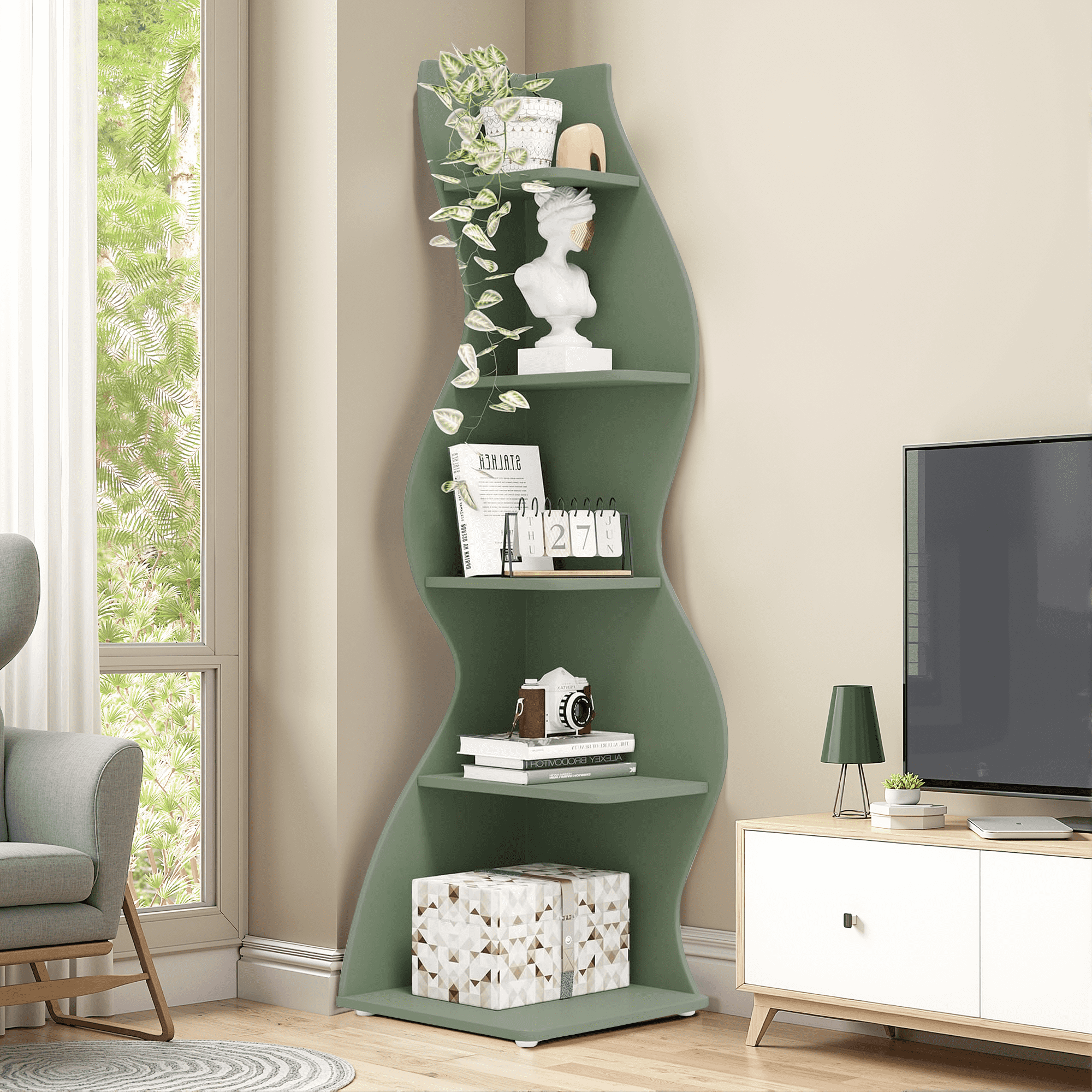 MAYEERTY Vintage 5-Tier Corner Bookcase, Adjustable Wall Corner Display Shelf, Decorative Storage Organizer for Home & Office