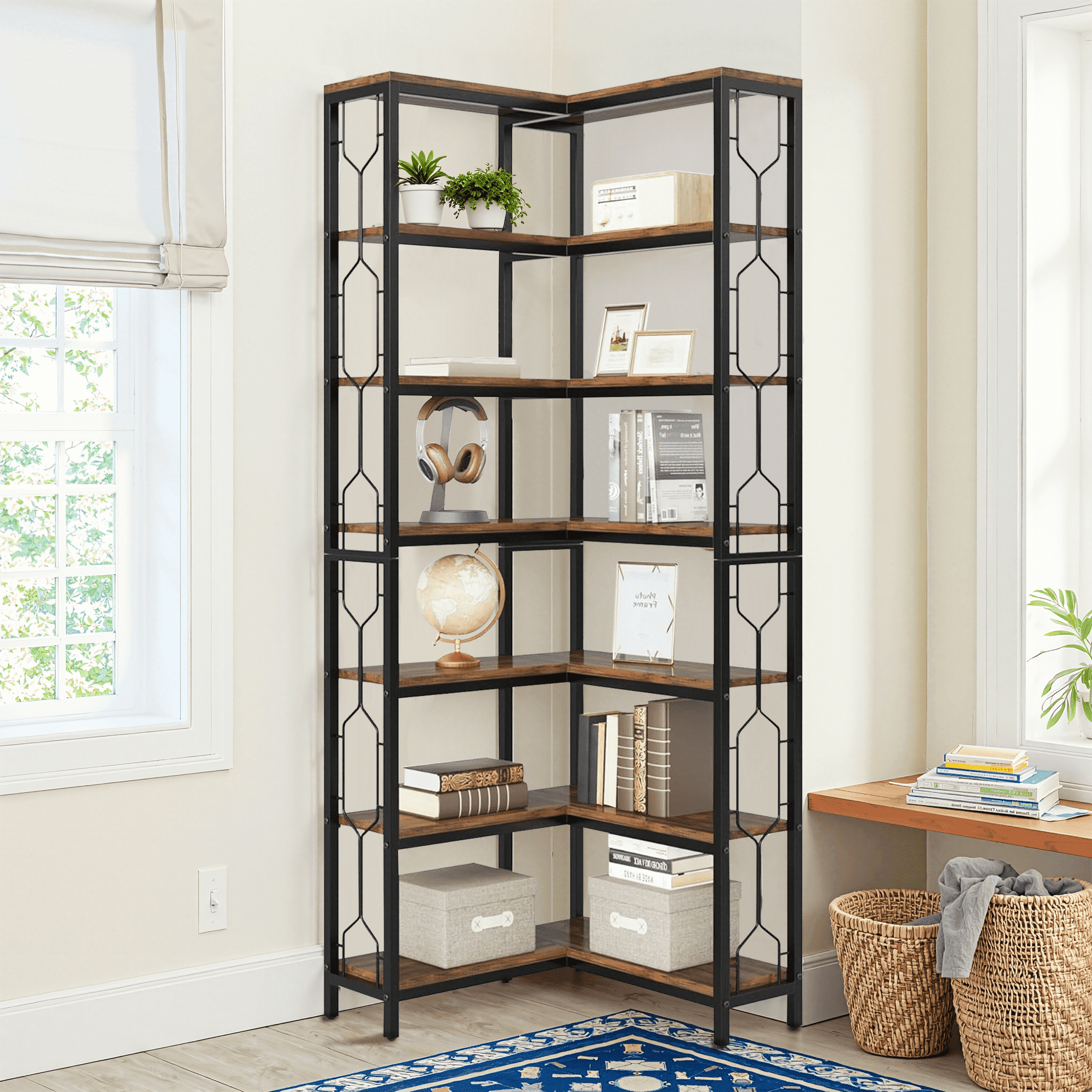 MAYEERTY Hexagonal 7-Tier Corner Bookcase, Space-Saving Industrial Display Rack with Side Railings for Living Room & Office