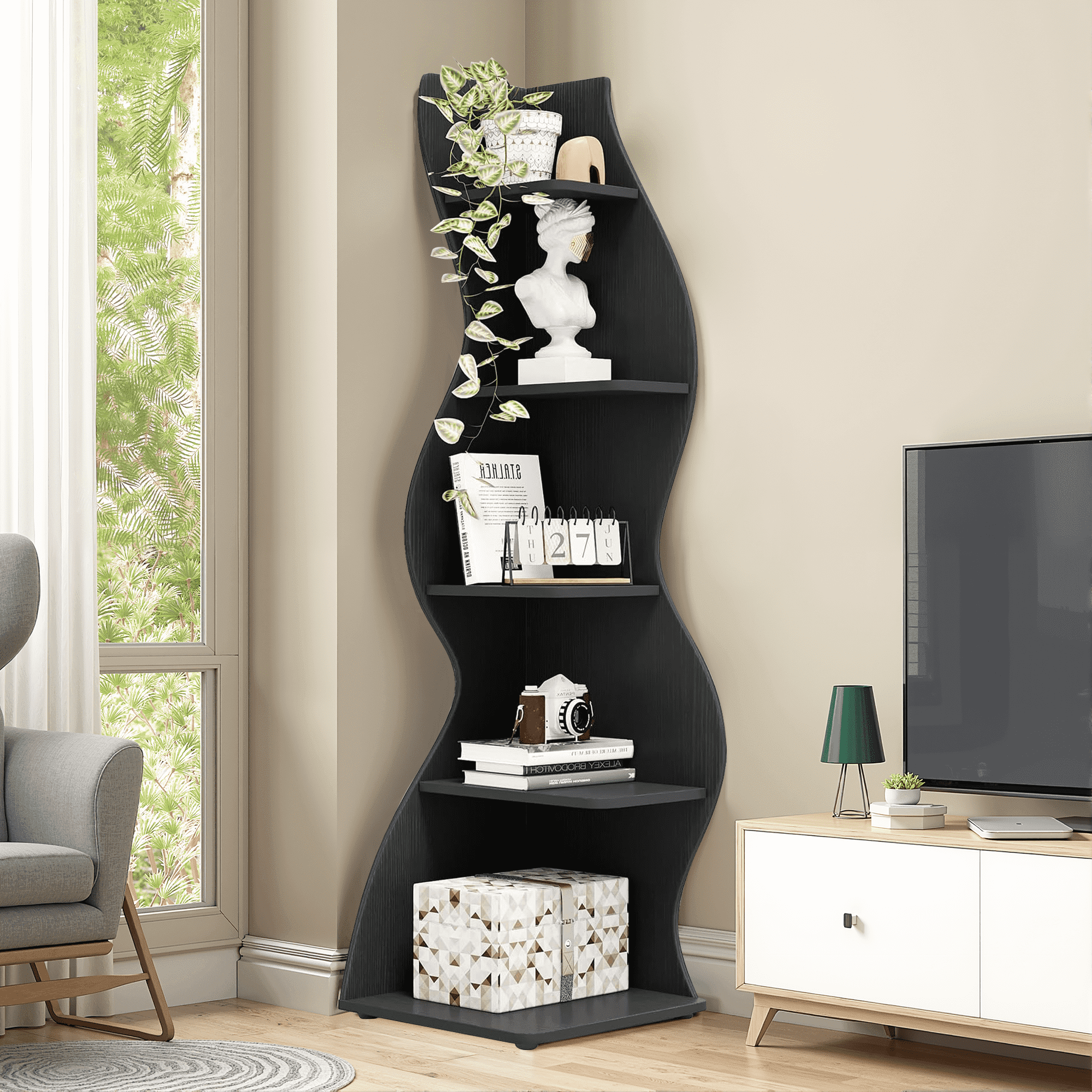 MAYEERTY Vintage 5-Tier Corner Bookcase, Adjustable Wall Corner Display Shelf, Decorative Storage Organizer for Home & Office