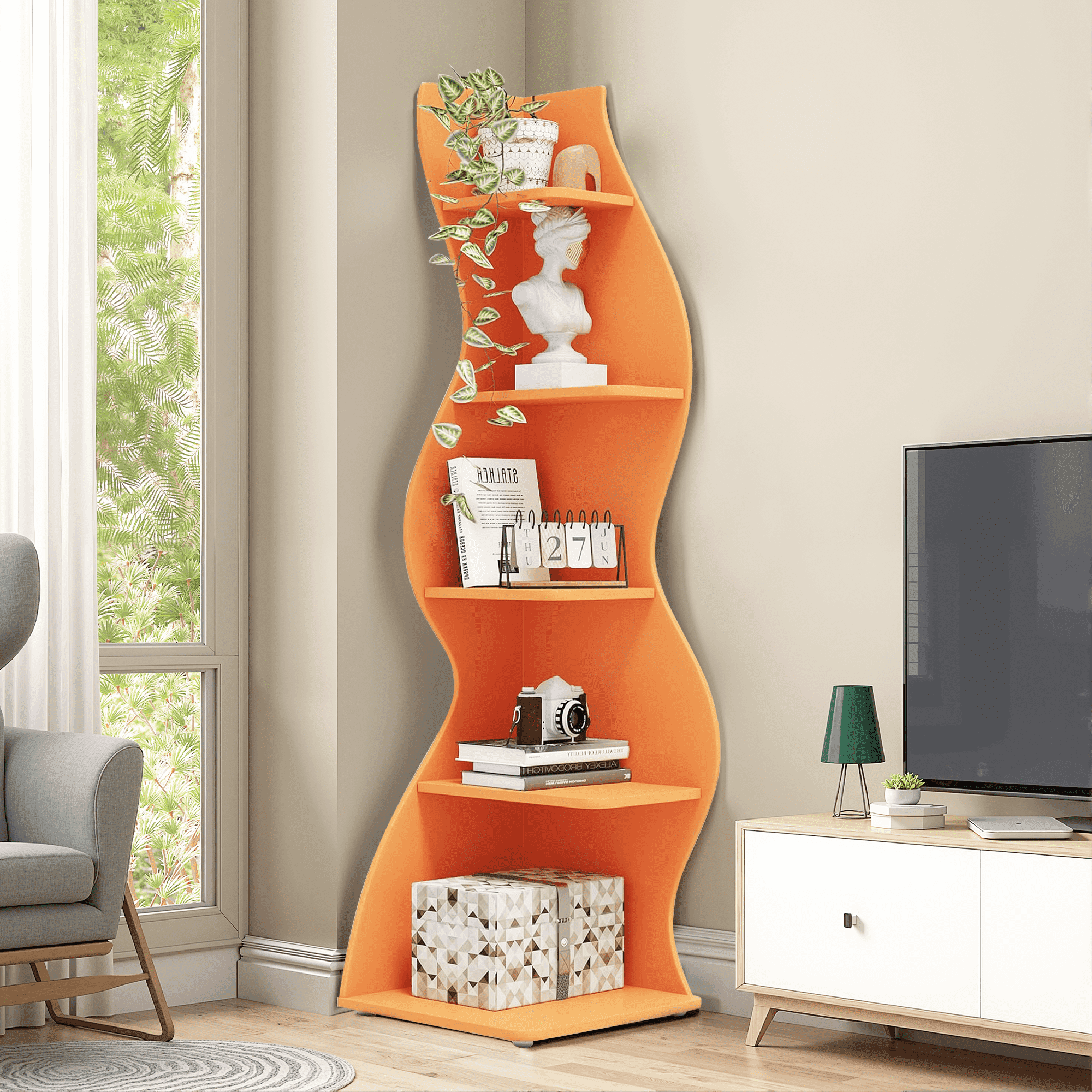 MAYEERTY Vintage 5-Tier Corner Bookcase, Adjustable Wall Corner Display Shelf, Decorative Storage Organizer for Home & Office