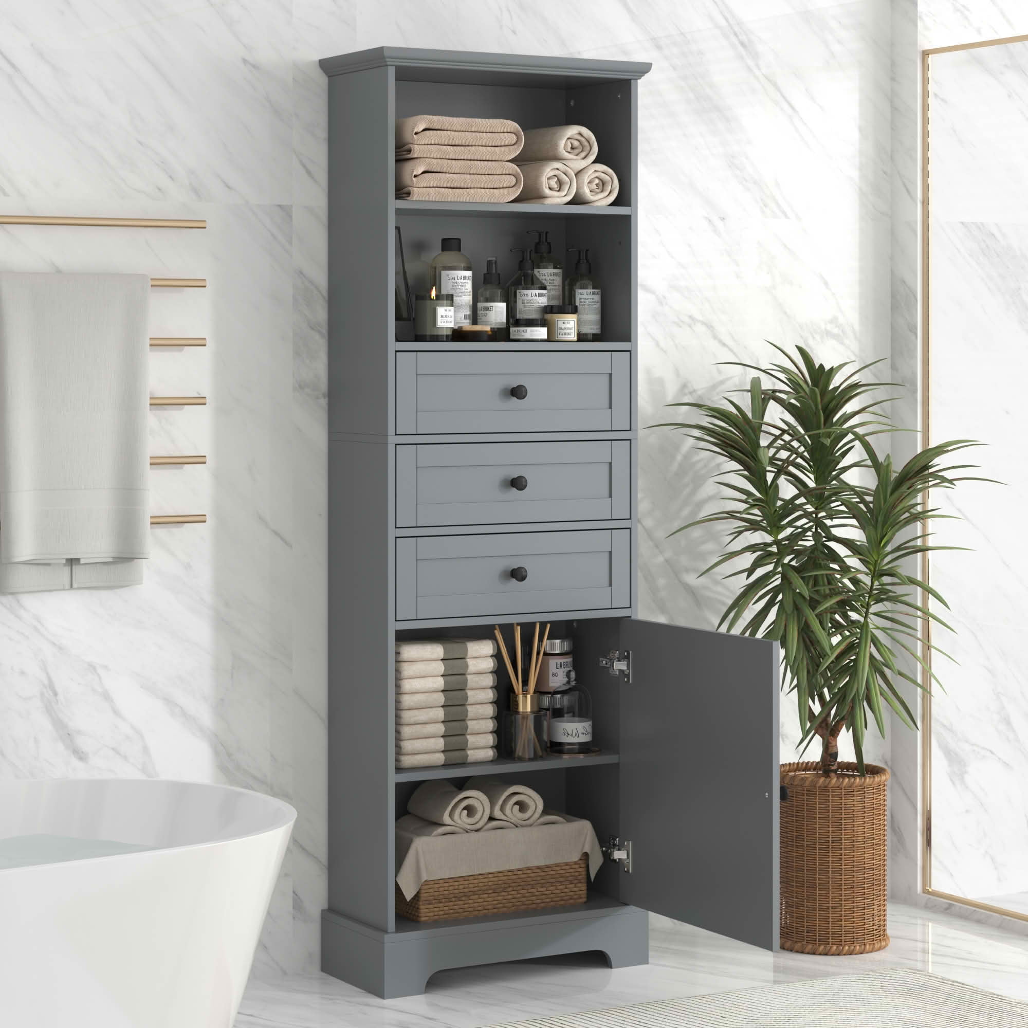 MAYEERTY Tall Storage Cabinet, 3 Drawers Adjustable Shelves MDF Painted Finish, Bathroom Study Office, Gray