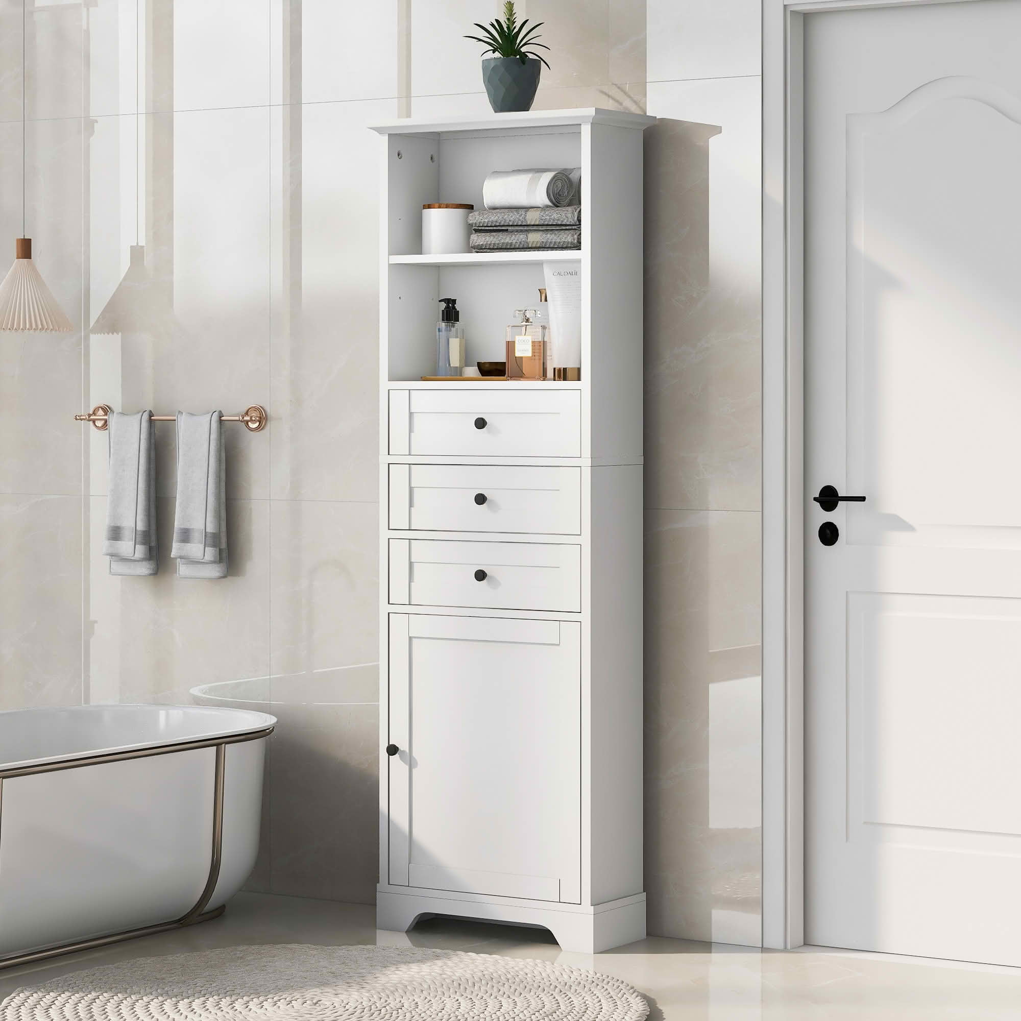 MAYEERTY Tall Storage Cabinet, 3 Drawers Adjustable Shelves MDF Painted Finish, Bathroom Study Office, White