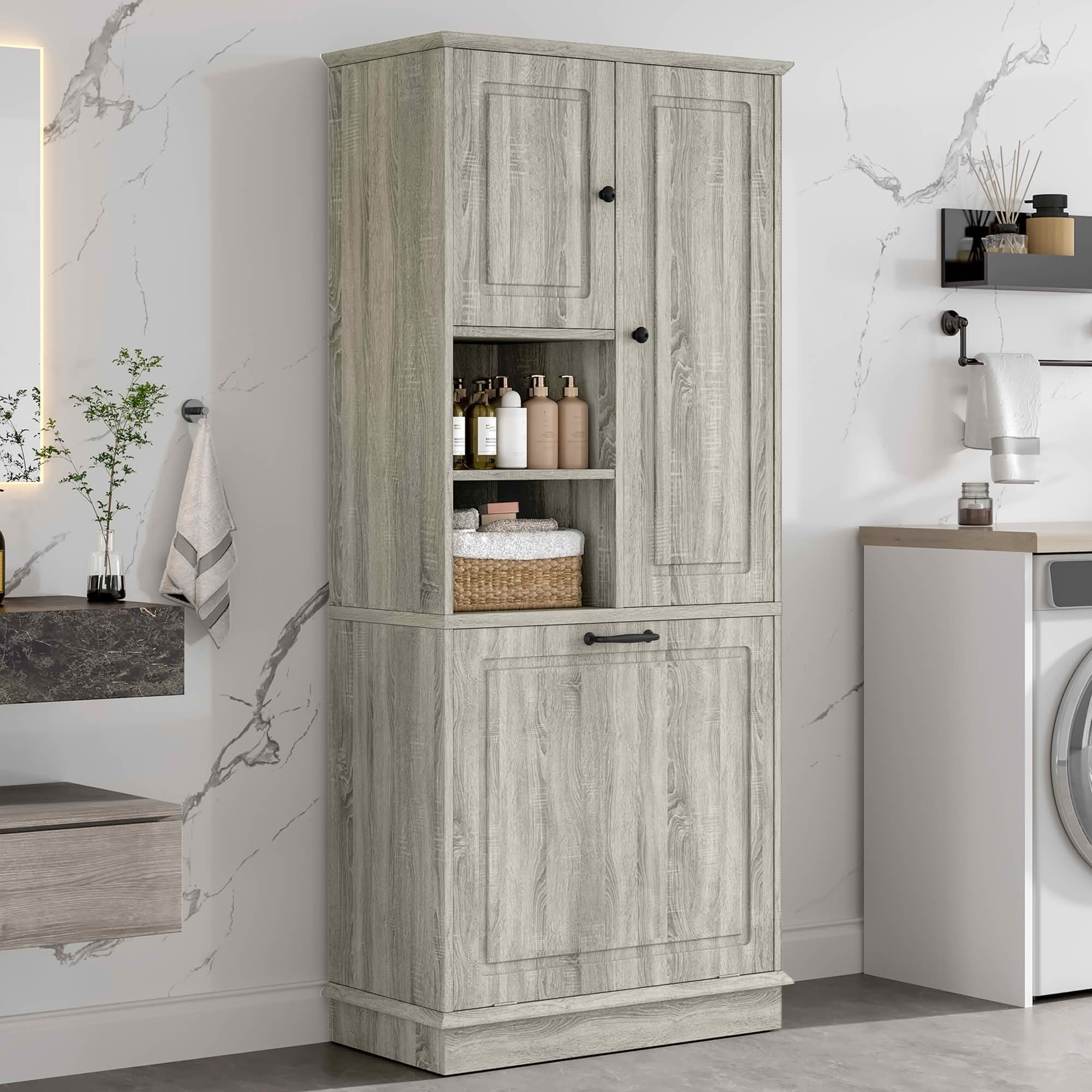 MAYEERTY Tall Storage Cabinet, Adjustable Shelves Large Flip-Out Basket Enclosed Cabinets MDF Aluminum Alloy Handles, Bathroom Living Room Office