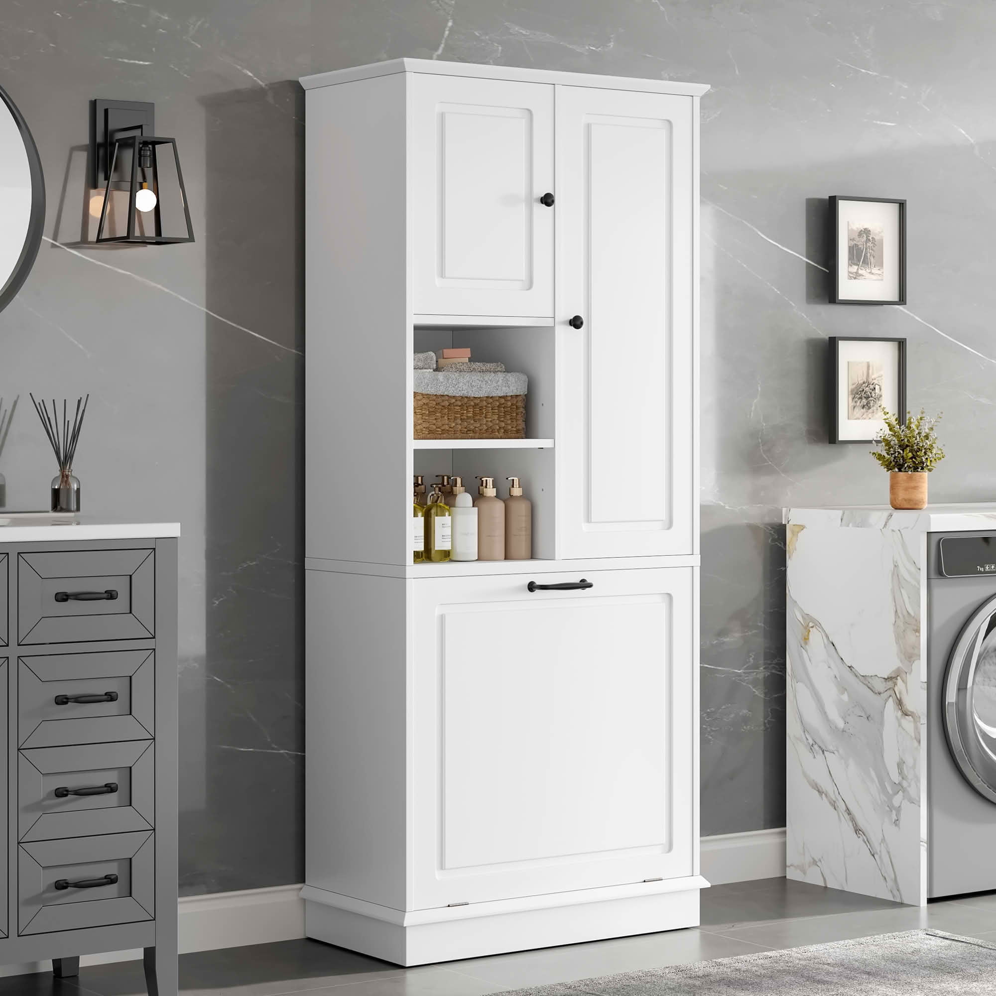MAYEERTY Tall Storage Cabinet, Adjustable Shelves Large Flip-Out Basket Enclosed Cabinets MDF Aluminum Alloy Handles, Bathroom Living Room Office