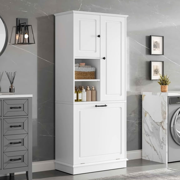 MAYEERTY Tall Storage Cabinet, Adjustable Shelves Large Flip-Out Basket Enclosed Cabinets MDF Aluminum Alloy Handles, Bathroom Living Room Office