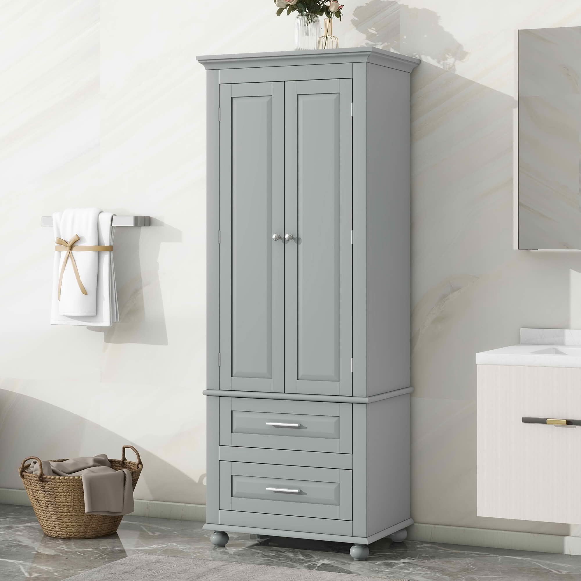 MAYEERTY Tall Storage Cabinet with 2 Drawers, Bathroom Office Use, Grey