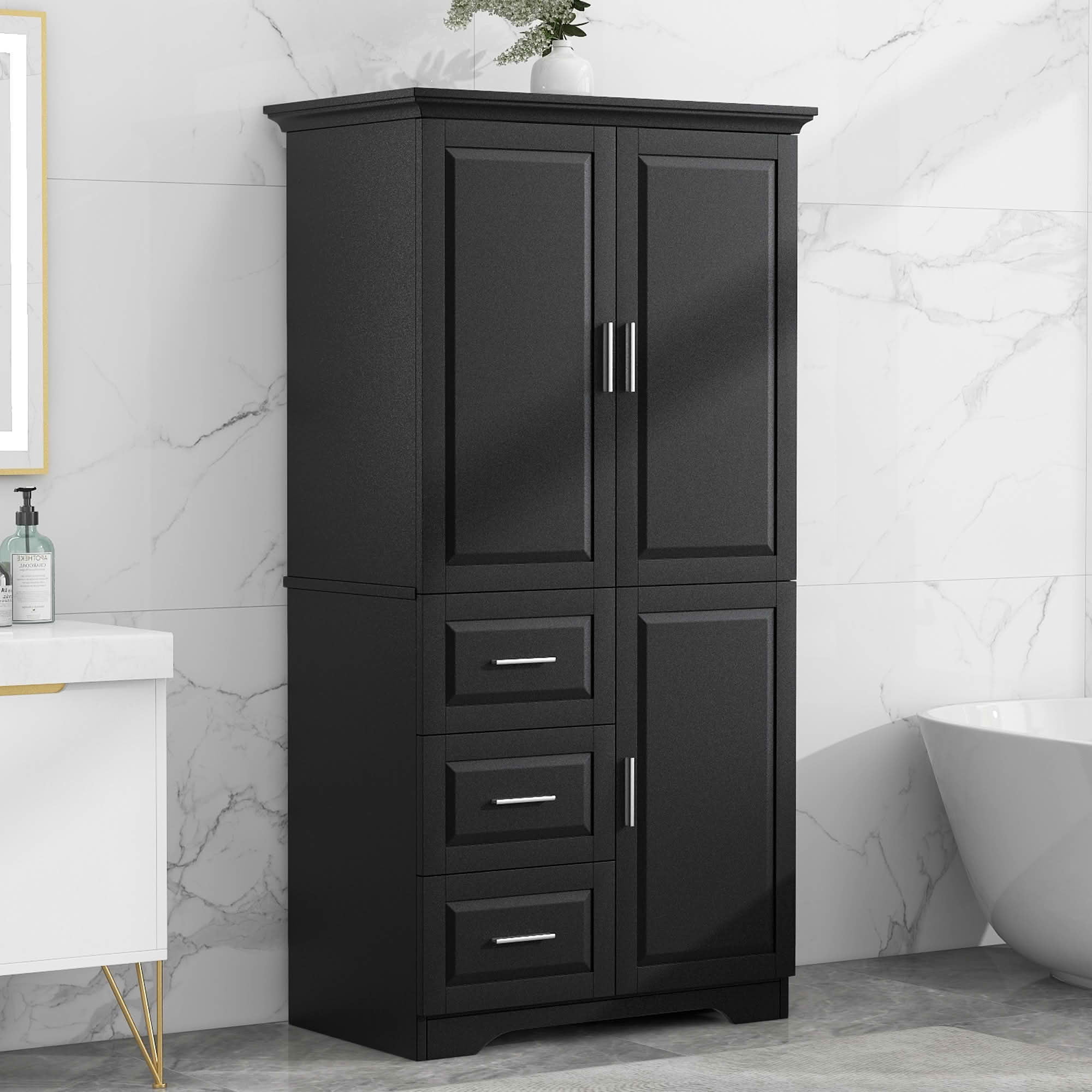 MAYEERTY Tall Wide Storage Cabinet with Doors, 3 Drawers, Bathroom Office Use, Black