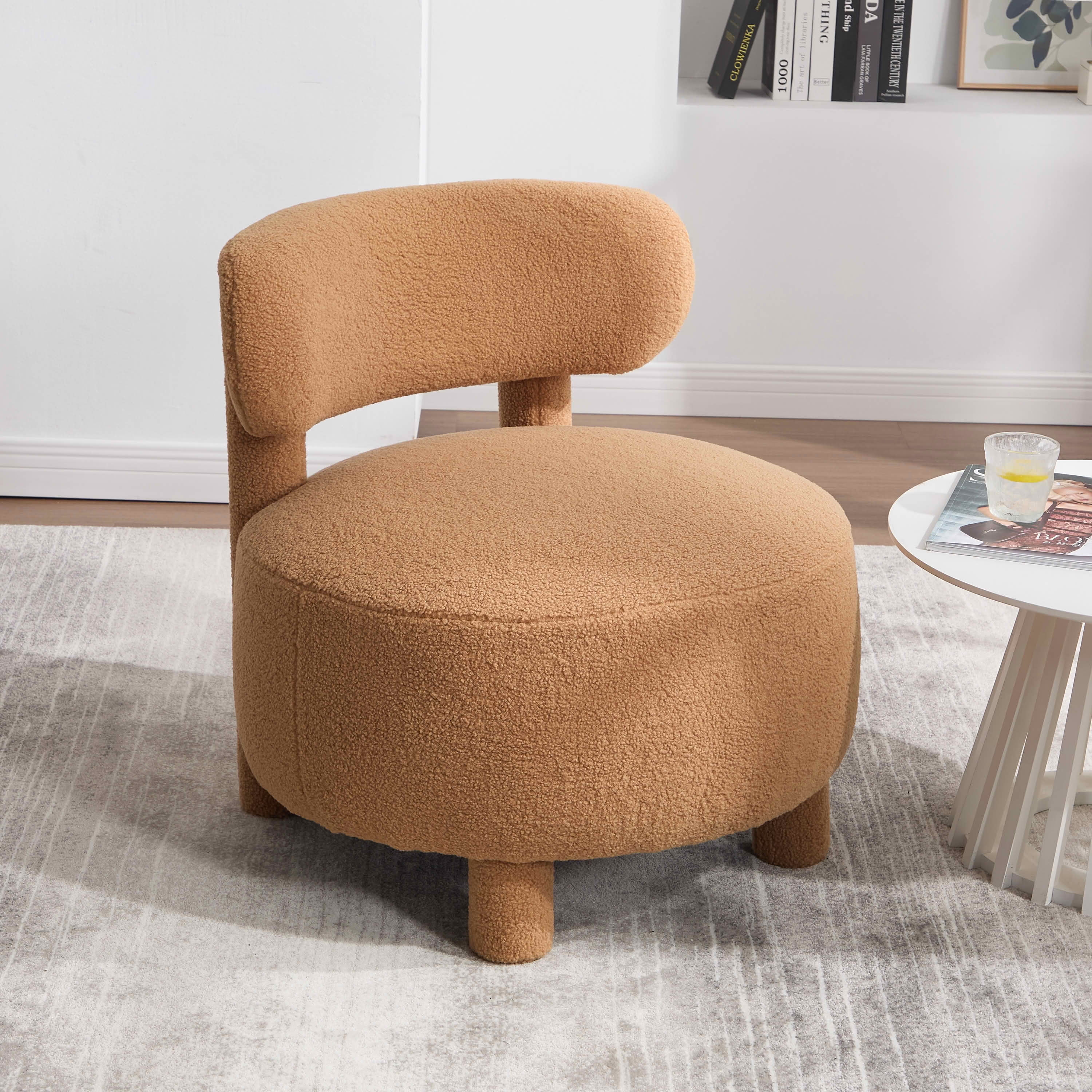 MAYEERTY Teddy Fabric Armless Accent Chair, Curved Backrest & Solid Wooden Legs Upholstered Slipper Side Chair, for Living Space, Bedroom, Vanity & Reading Room, Khaki