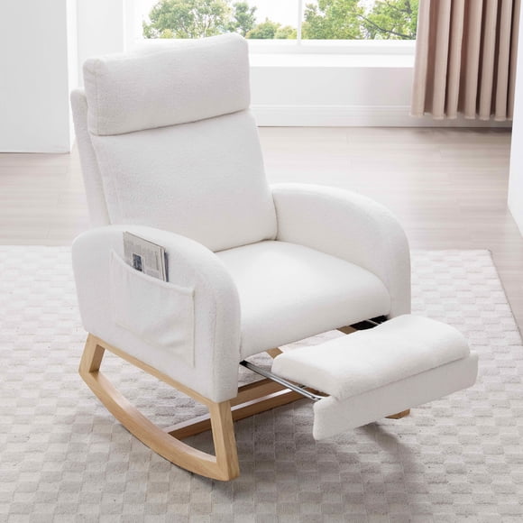 MAYEERTY Teddy Fabric Leisure Rocking Chair, Nursery Chair with Adjustable Footstool, Thickened Headrest, High Backrest & Right-Side Storage Pocket, Solid Wood Base Rocker, White
