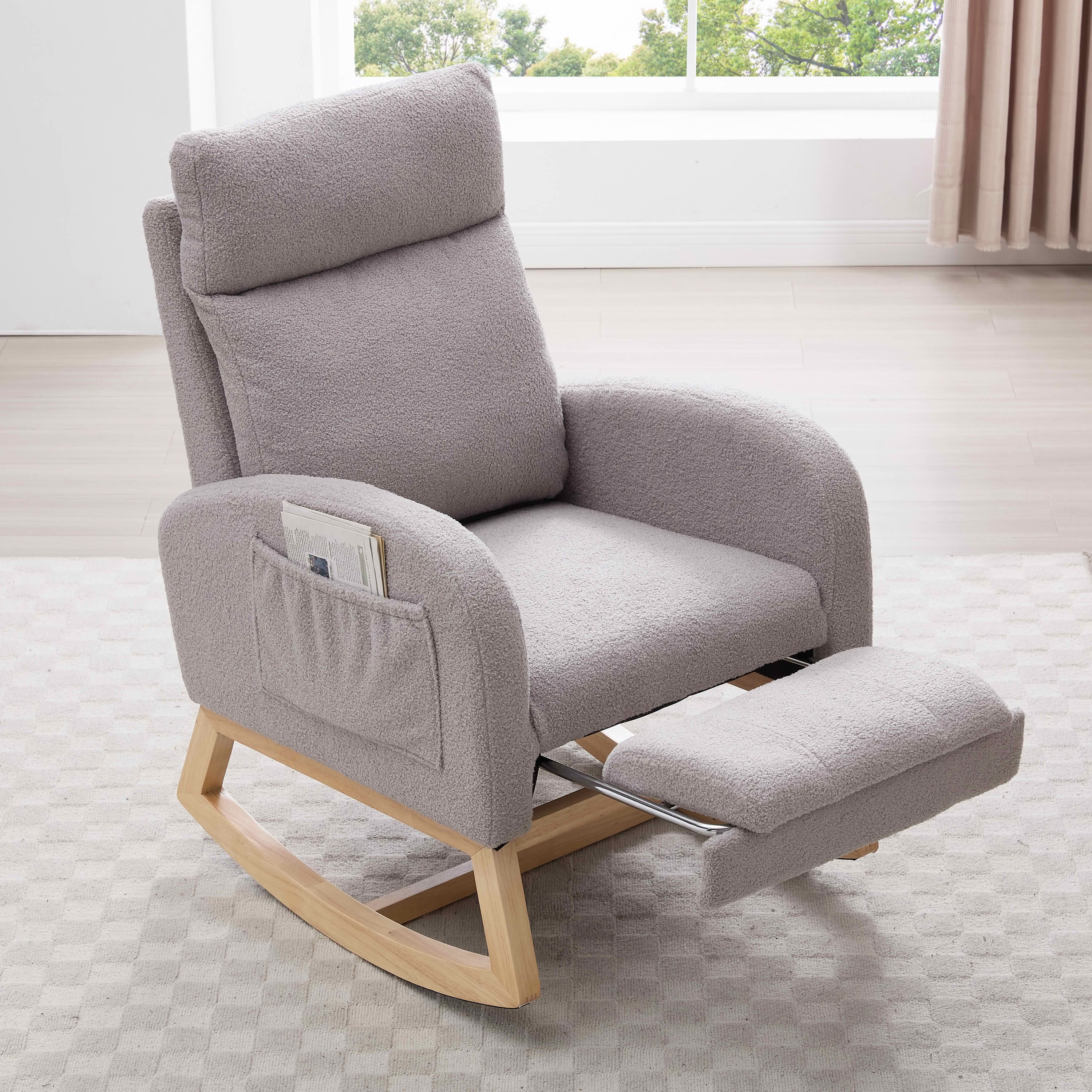 MAYEERTY Teddy Fabric Leisure Rocking Chair, Nursery Chair with Adjustable Footstool, Thickened Headrest, High Backrest & Right-Side Storage Pocket, Solid Wood Base Rocker, Light Gray
