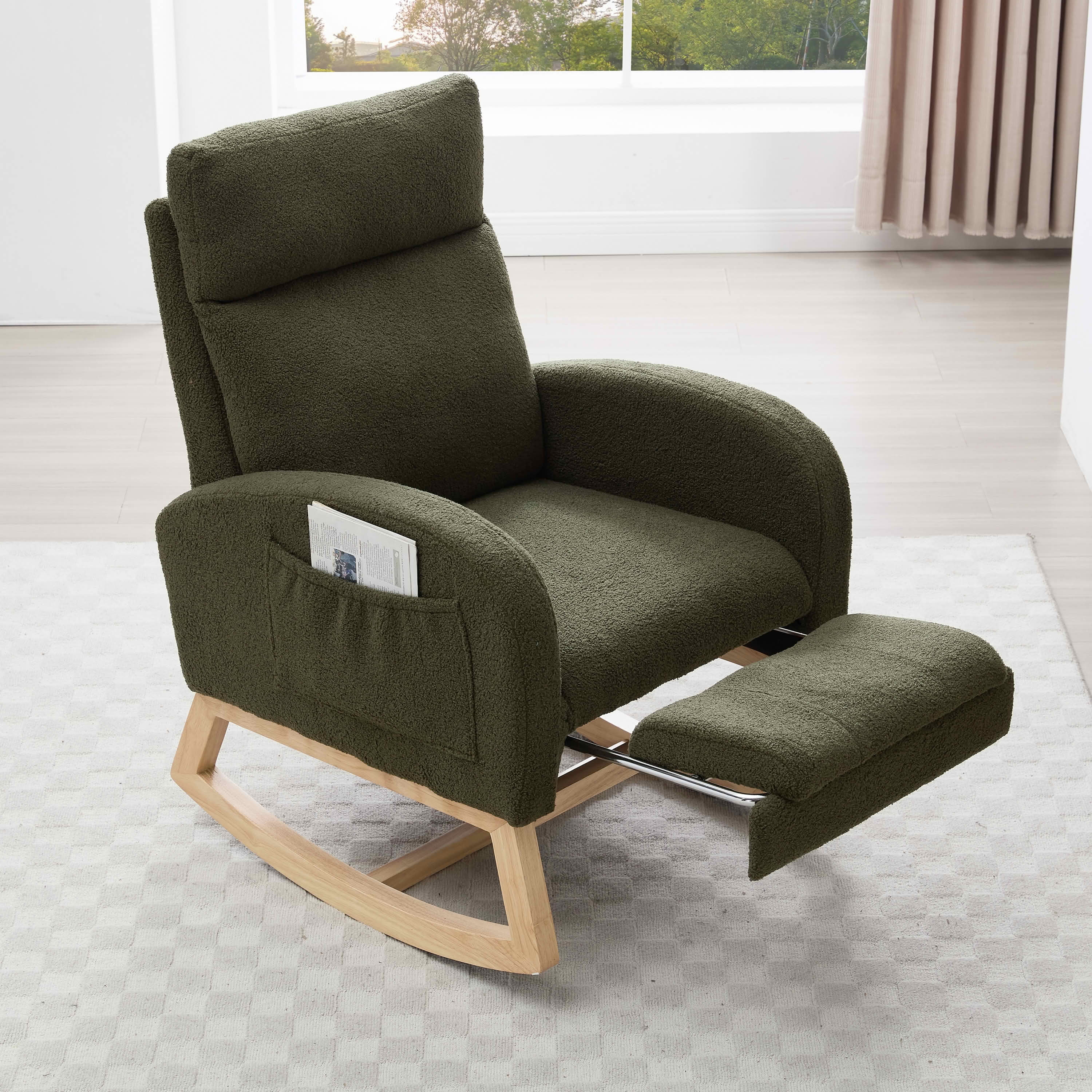 MAYEERTY Teddy Fabric Leisure Rocking Chair, Nursery Chair with Adjustable Footstool, Thickened Headrest, High Backrest & Right-Side Storage Pocket, Solid Wood Base Rocker, Green