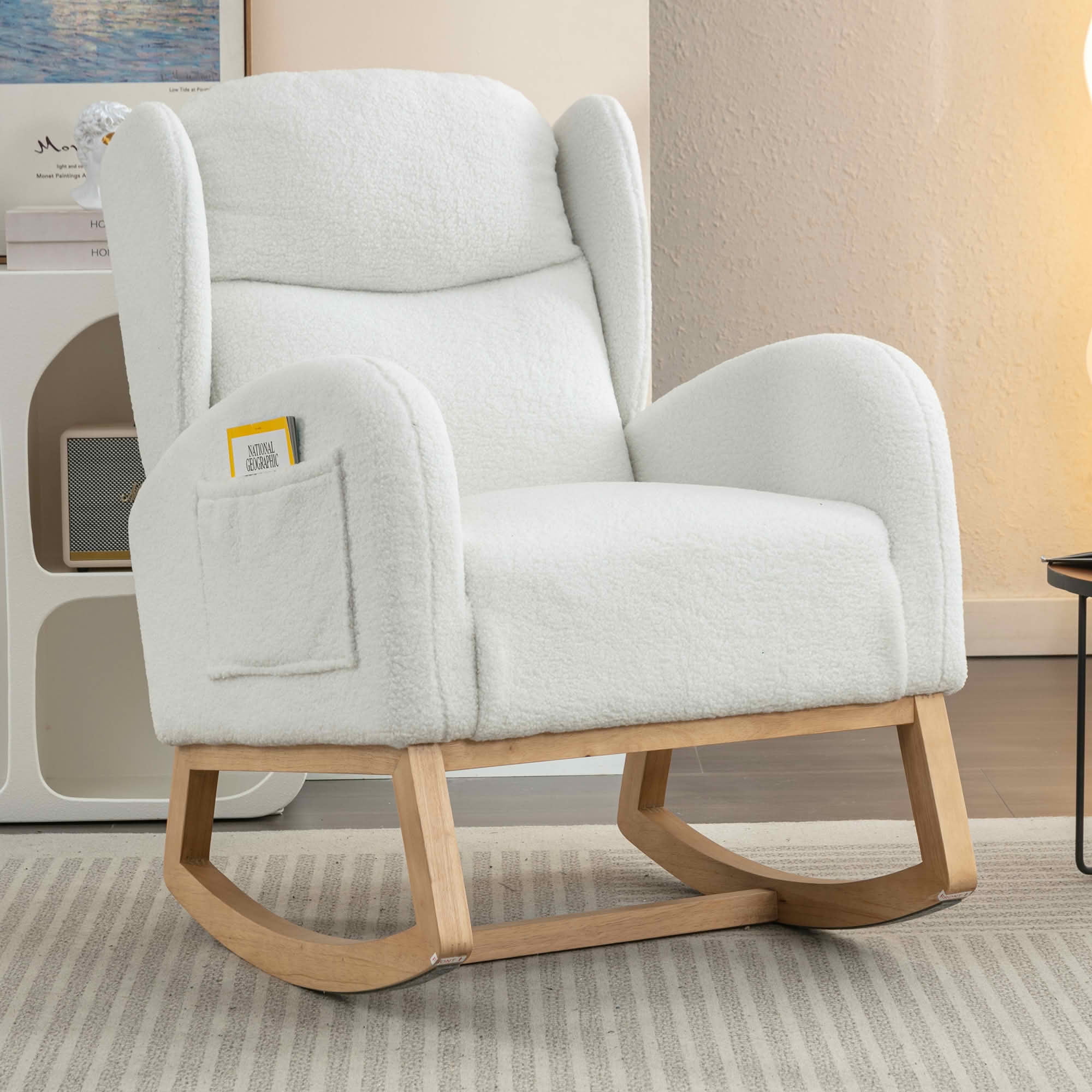 MAYEERTY Teddy Fabric Rocking Chair, with Packet Wood Legs, Ivory