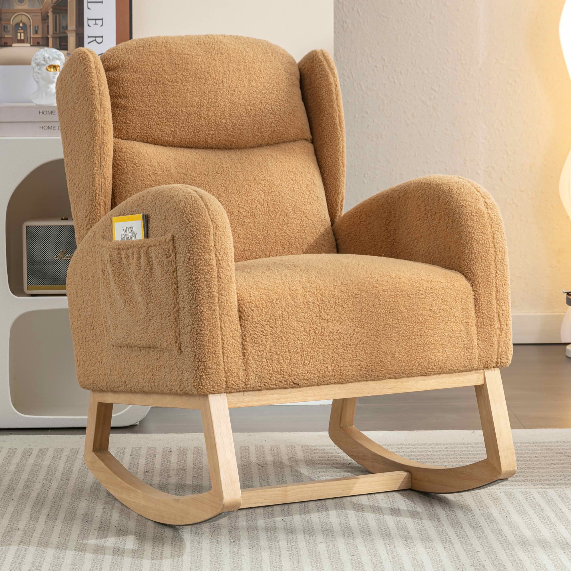 MAYEERTY Teddy Fabric Rocking Chair, with Packet Wood Legs, Khaki