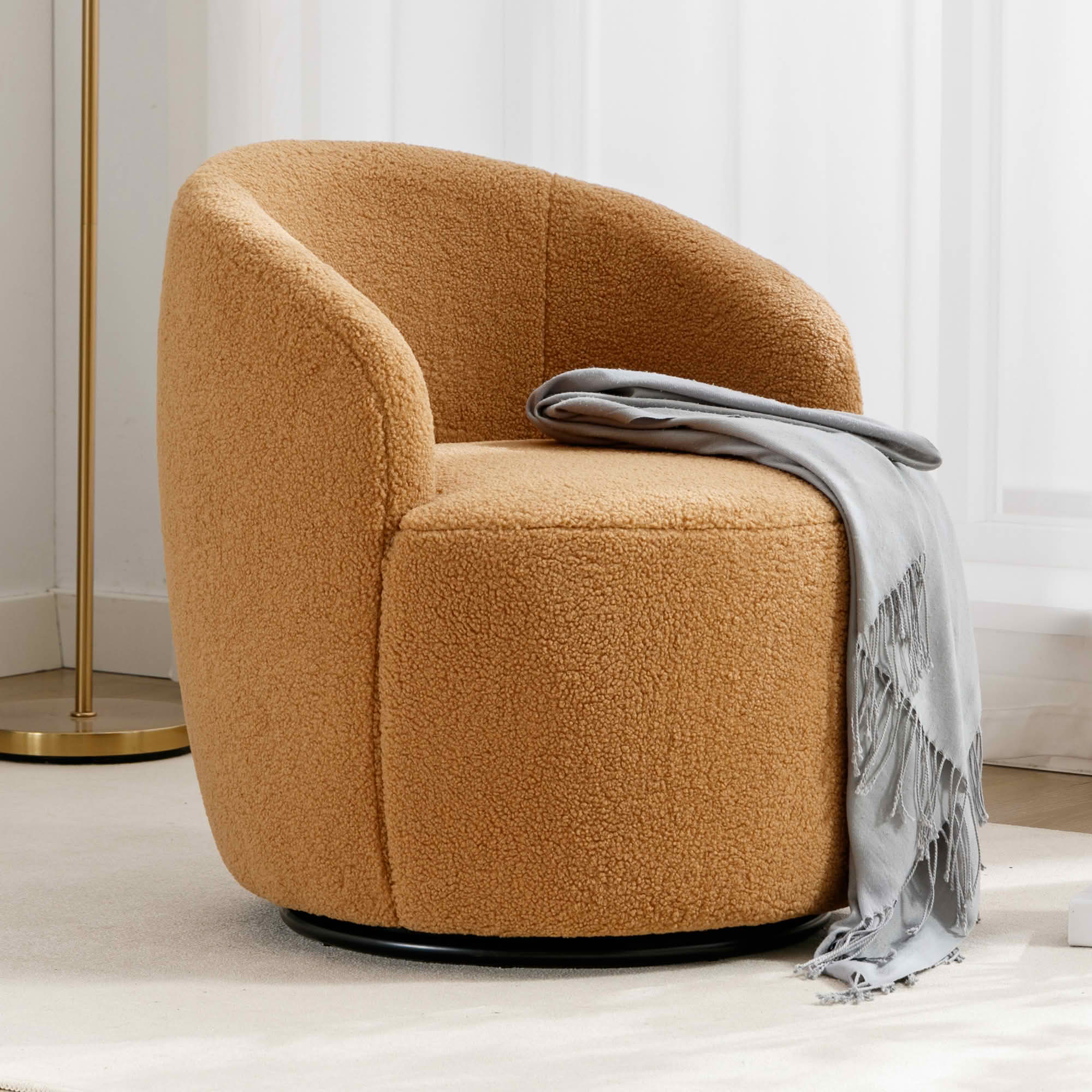 MAYEERTY Teddy Fabric Swivel Accent Armchair Barrel Chair, with Black Powder Coating Metal Ring, Khaki