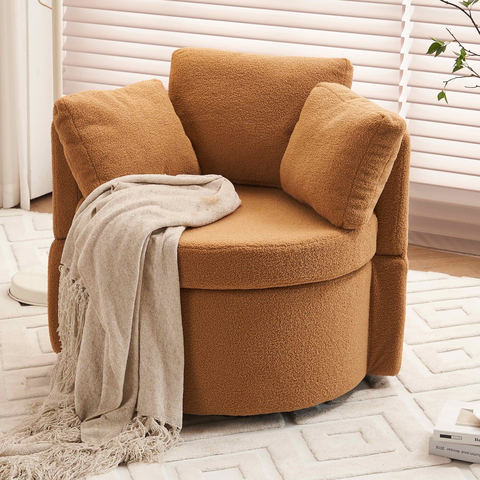 MAYEERTY Teddy Fabric Swivel & Storage Chair, with Back Cushion for Living Room, Khaki