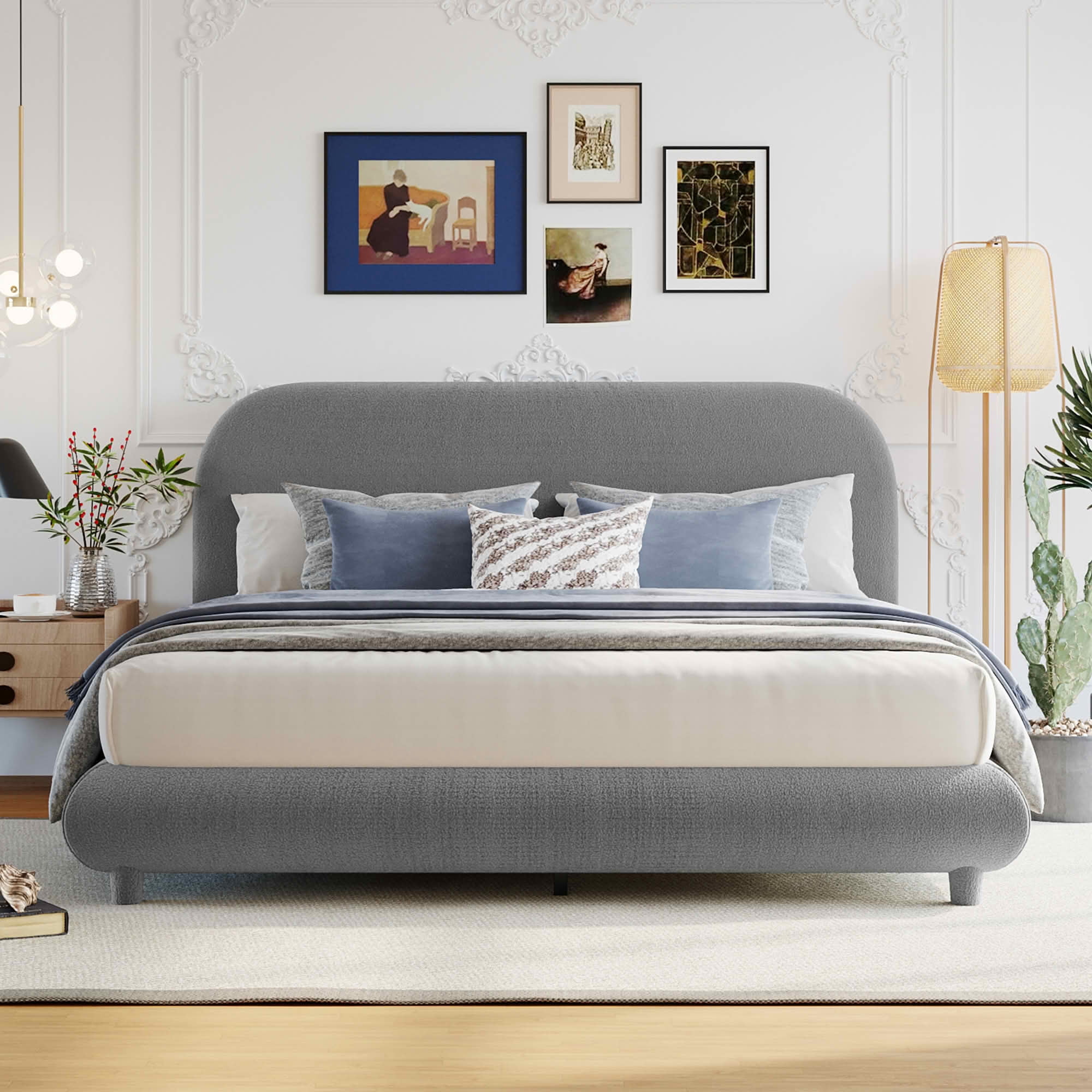 MAYEERTY Teddy Fleece Upholstered Platform Bed with Curved Design, Sturdy MDF Frame & Easy Assembly