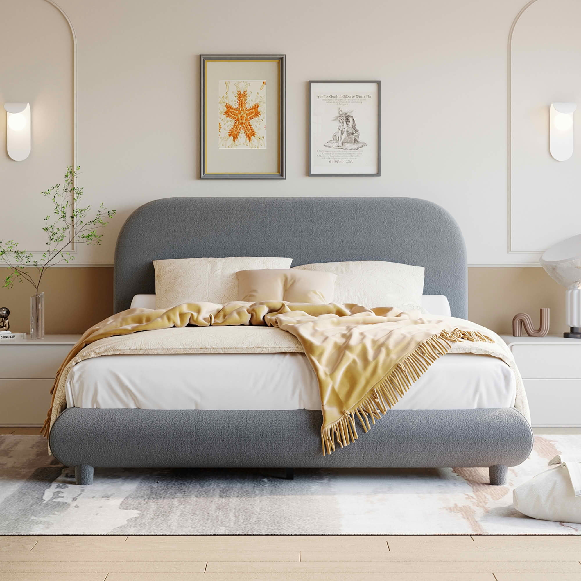 MAYEERTY Teddy Fleece Upholstered Platform Bed with Curved Design, Sturdy MDF Frame & Easy Assembly