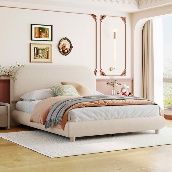 MAYEERTY Teddy Fleece Upholstered Platform Bed with Curved Design, Sturdy MDF Frame & Easy Assembly