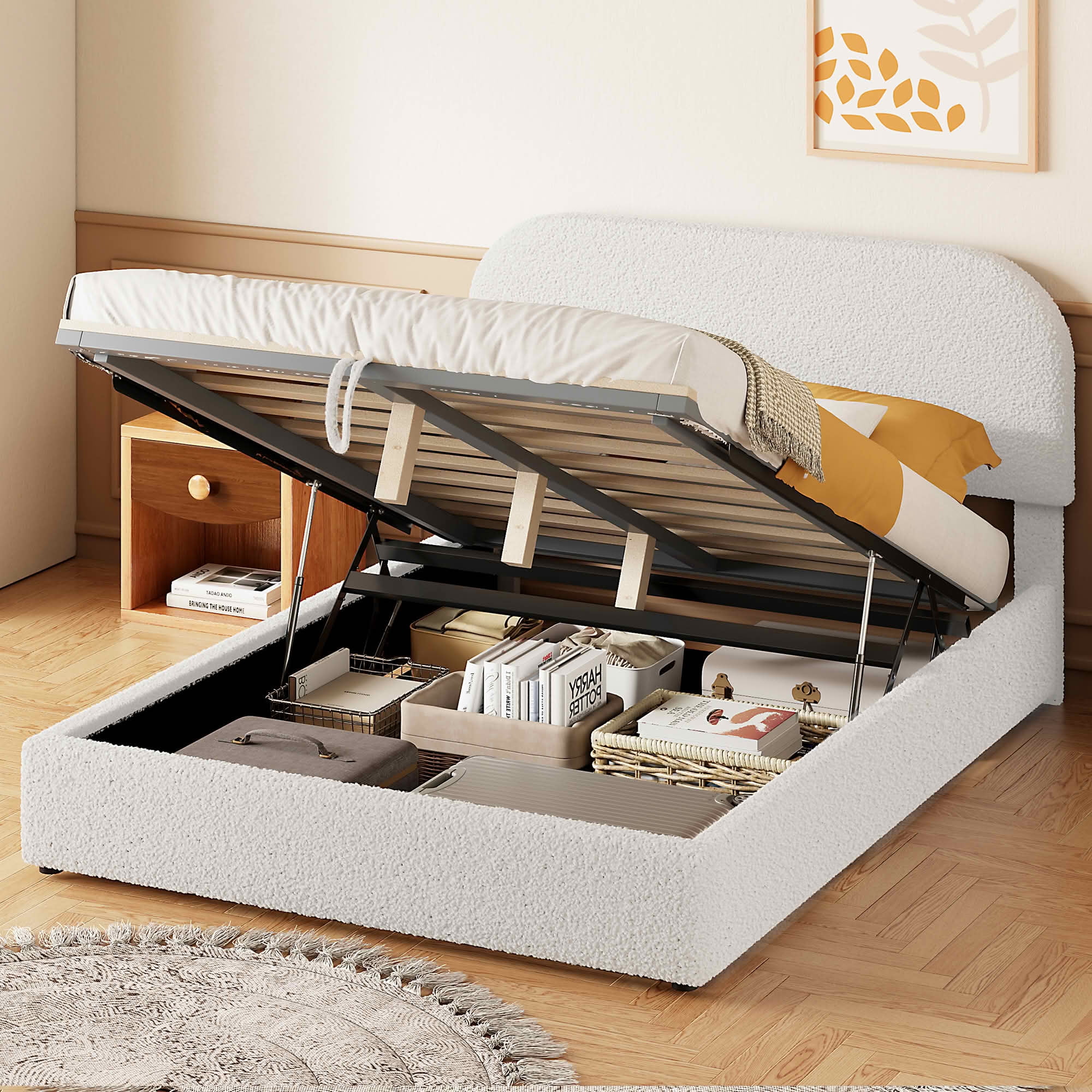 MAYEERTY Teddy Fleece Upholstered Platform Bed with Underbed Storage, Curved Design & Sturdy Solid Frame