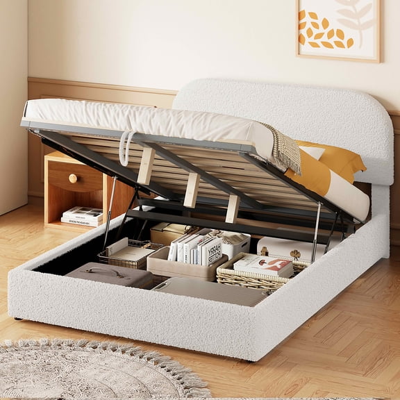 MAYEERTY Teddy Fleece Upholstered Platform Bed with Underbed Storage, Curved Design & Sturdy Solid Frame