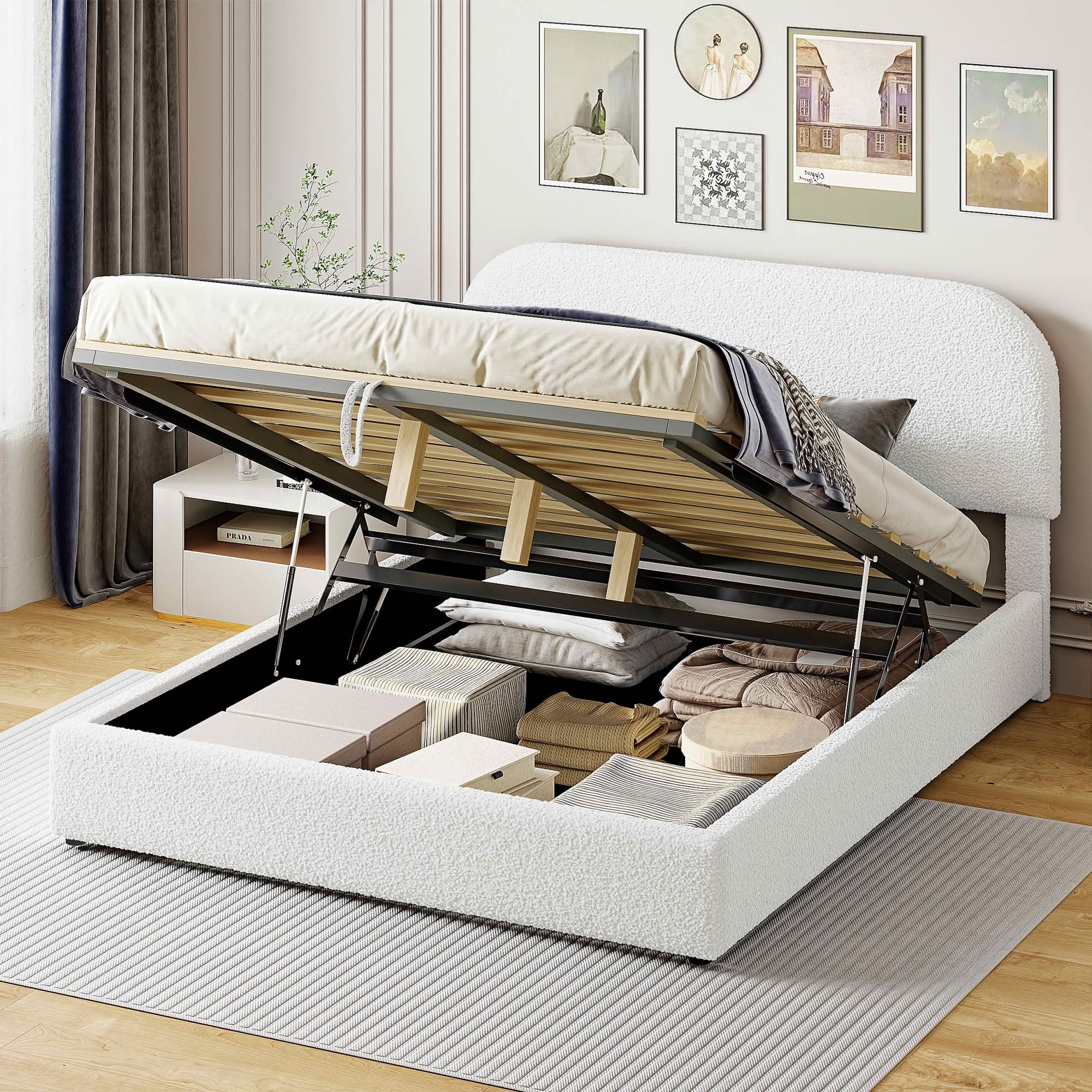 MAYEERTY Teddy Fleece Upholstered Platform Bed with Underbed Storage, Curved Design & Sturdy Solid Frame