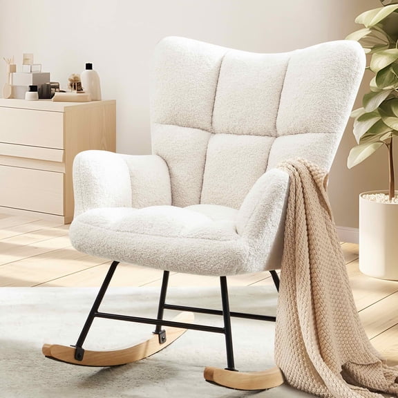 MAYEERTY Teddy Upholstered Modern Glider Rocker High Backrest Reading Chair for Nursery Bedroom Living Room