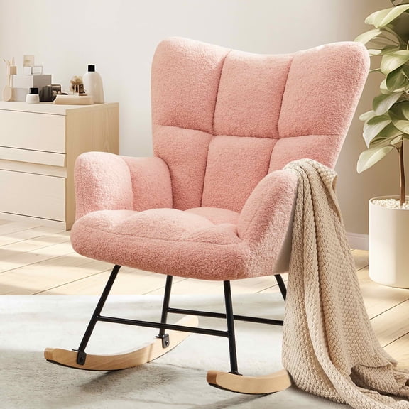 MAYEERTY Teddy Upholstered Modern Glider Rocker High Backrest Reading Chair for Nursery Bedroom Living Room