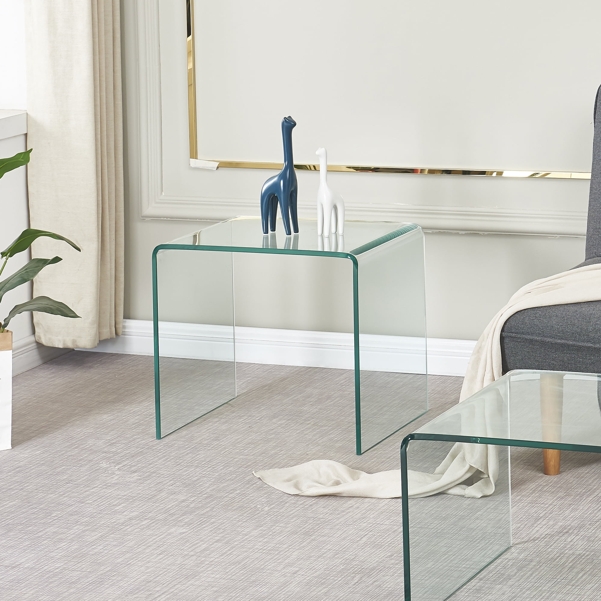 MAYEERTY Tempered Clear Bent Glass SideTable, Transparent End Table, Sofa table