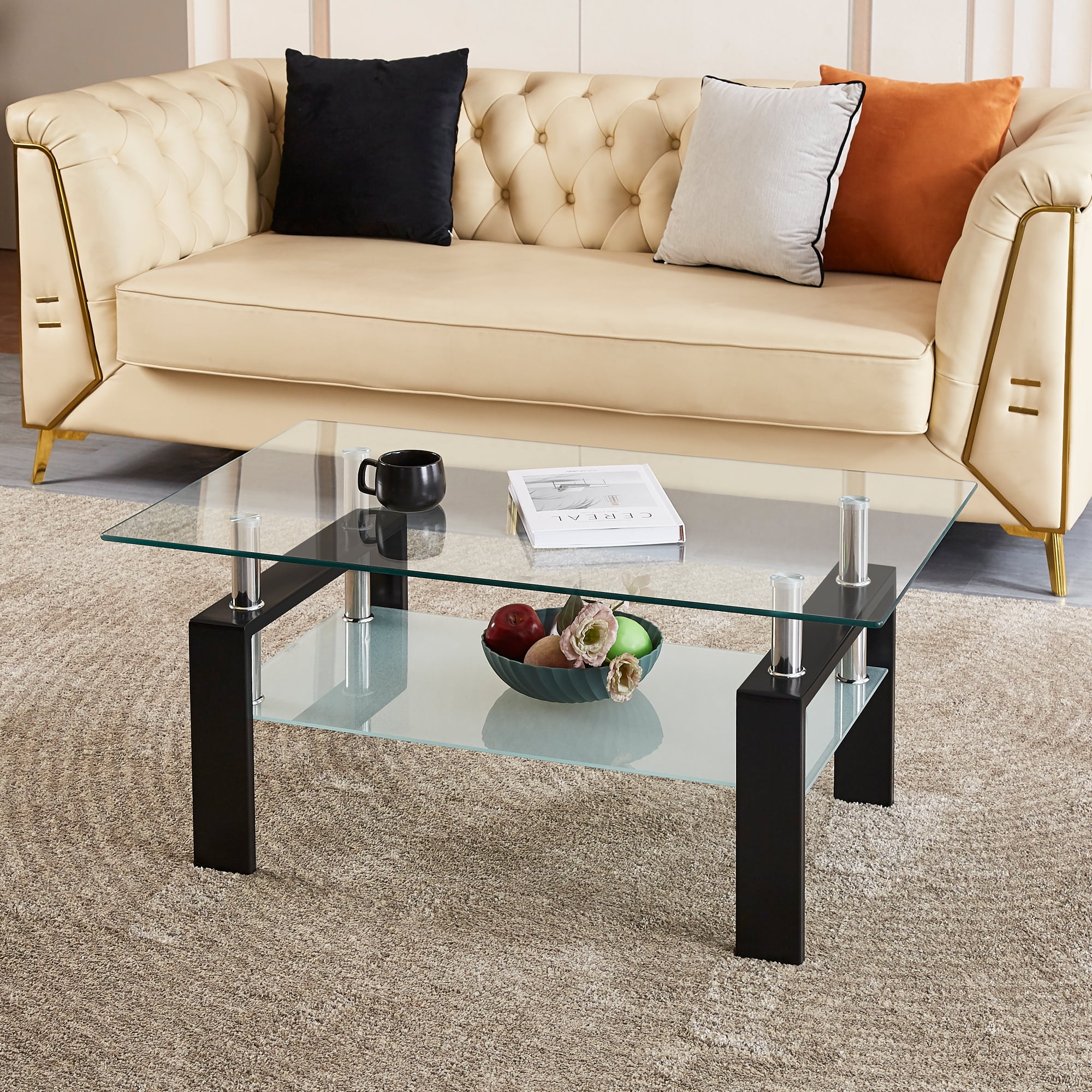 MAYEERTY Tempered Clear Glass Coffee Table, 2-Layers Coffee Table Living Room Center Table