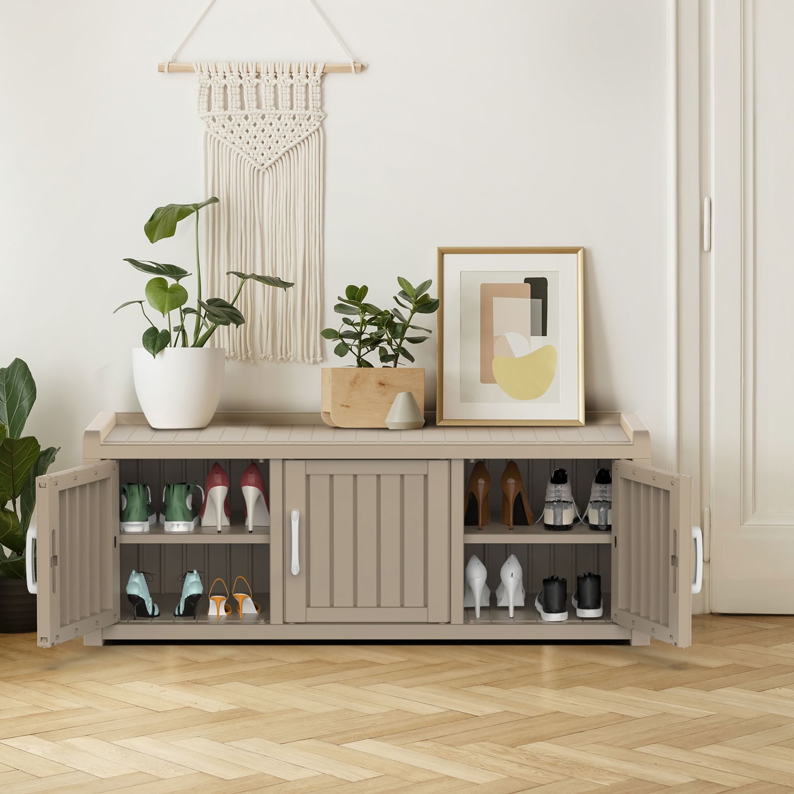 MAYEERTY Three-Door Entry Shoe Storage Cabinet, Weatherproof Shoe Organizer with Removable Layers