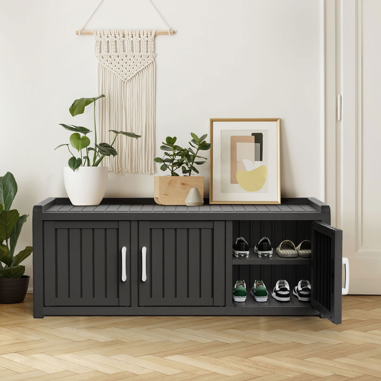 MAYEERTY Three-Door Entry Shoe Storage Cabinet, Weatherproof Shoe Organizer with Removable Layers