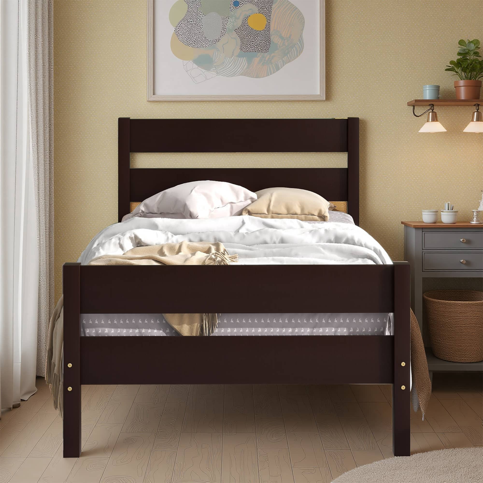 MAYEERTY Twin Bed Frame with Headboard and Footboard for Adult, Espresso