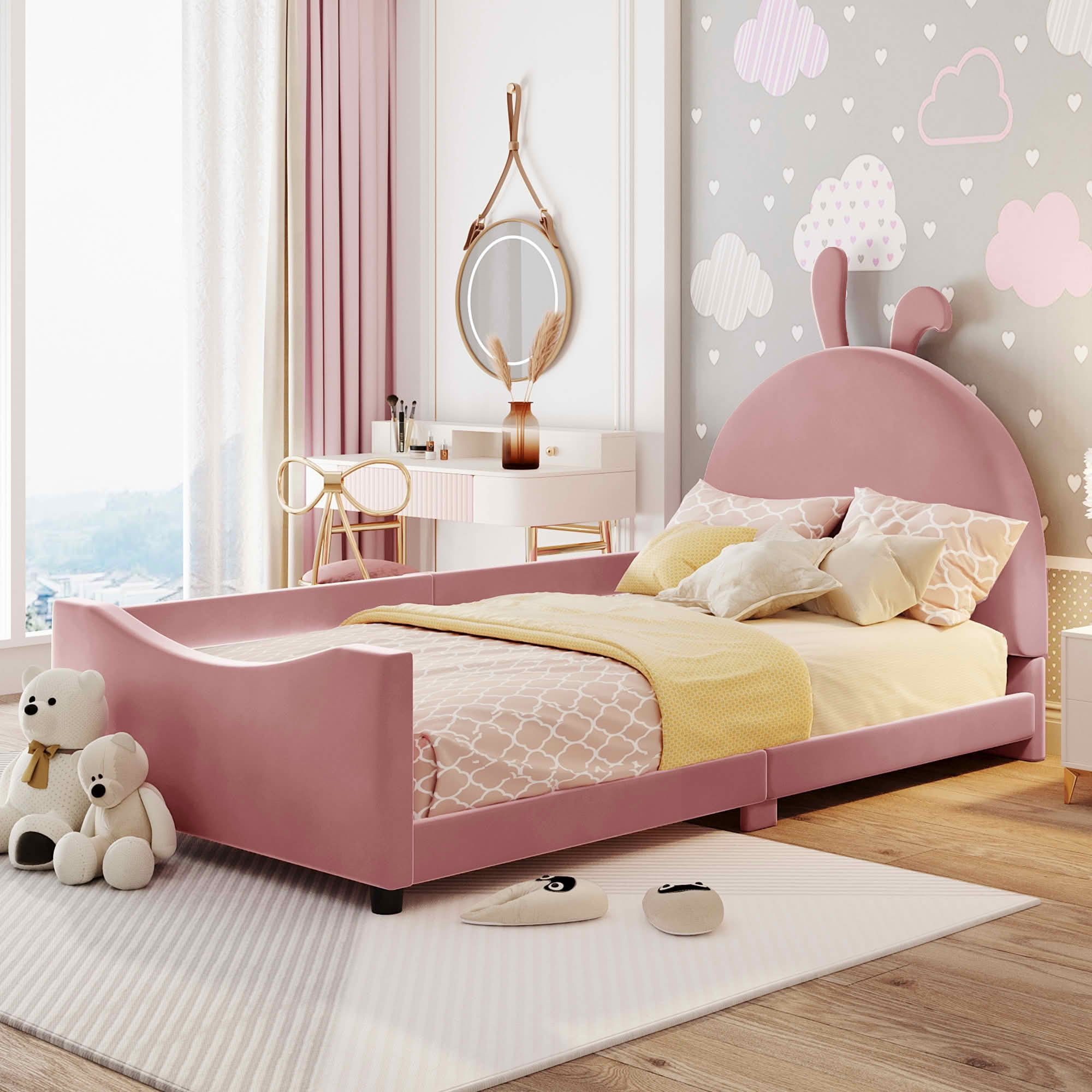 MAYEERTY Twin Daybed with Rabbit Ear Shaped Headboard, Sturdy Wood Frame & Easy Assembly