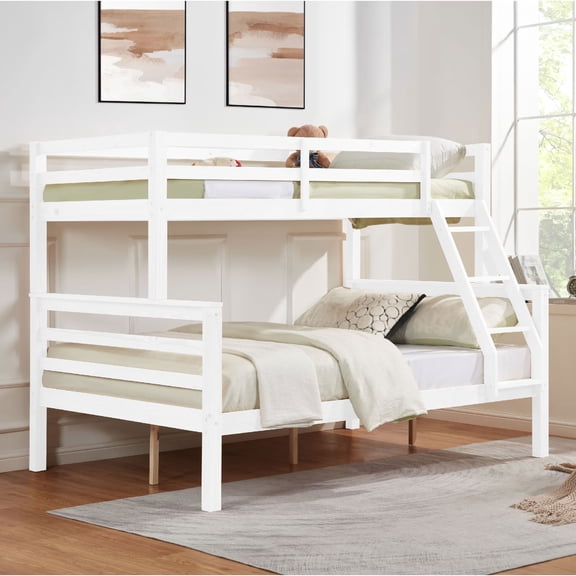 MAYEERTY Twin over Full Bunk Bed with Thick Posts, Solid Wood Bed Frame with High Guardrail and Ladder, for Kids Teens Dorm Rooms Guest Rooms, No Box Spring Needed