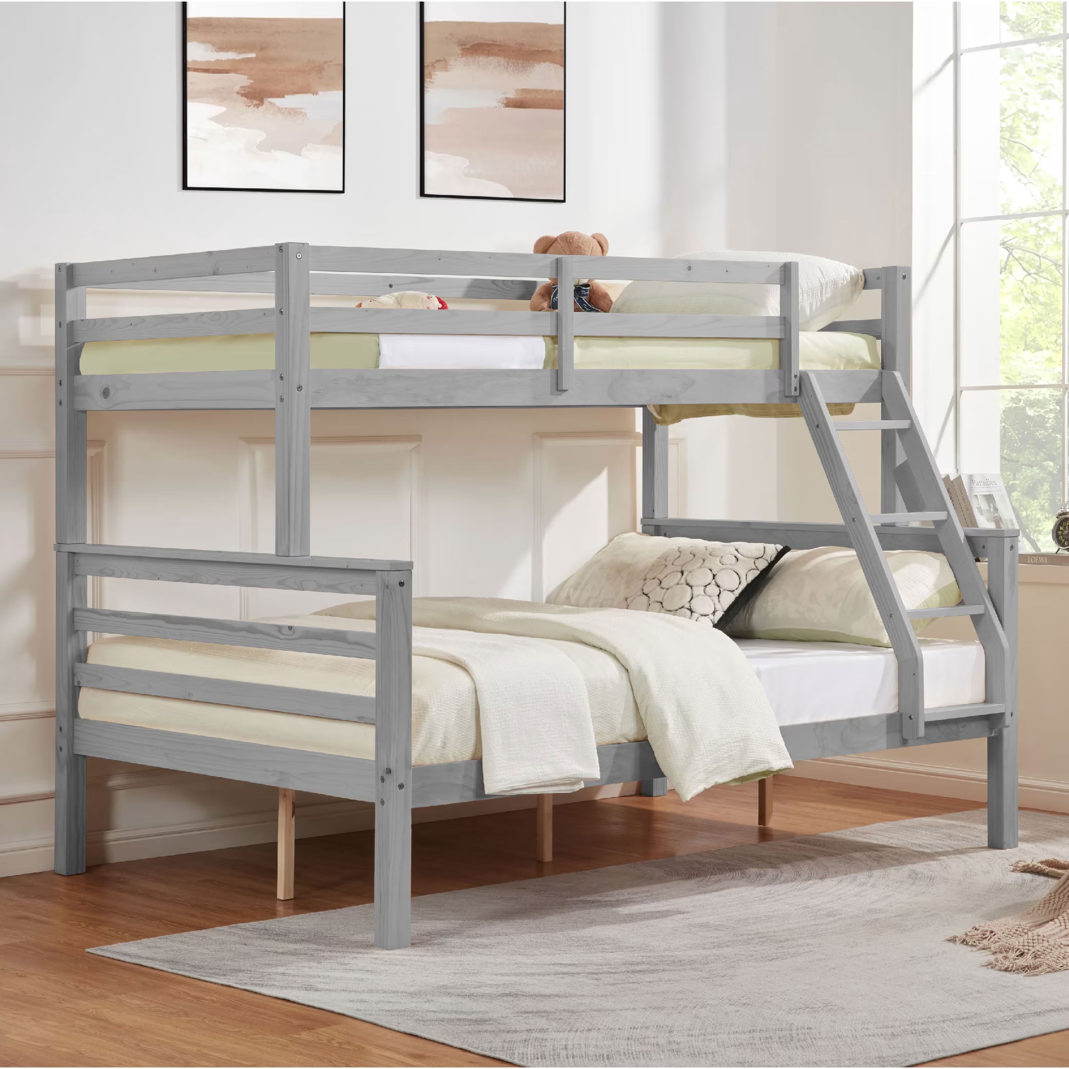 MAYEERTY Twin over Full Bunk Bed with Thick Posts, Solid Wood Bed Frame with High Guardrail and Ladder, for Kids Teens Dorm Rooms Guest Rooms, No Box Spring Needed