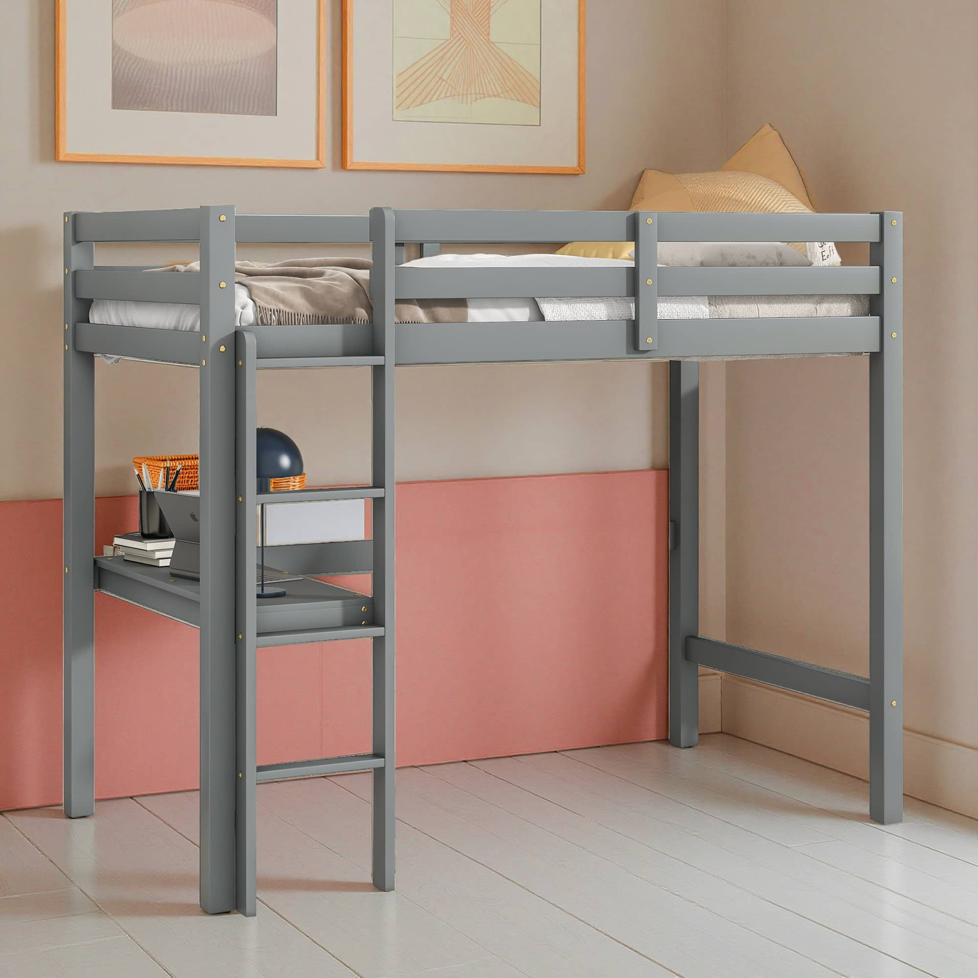 MAYEERTY Twin Loft Bed Pine Wood Bed Frame with Desk Guardrails Ladder,Grey