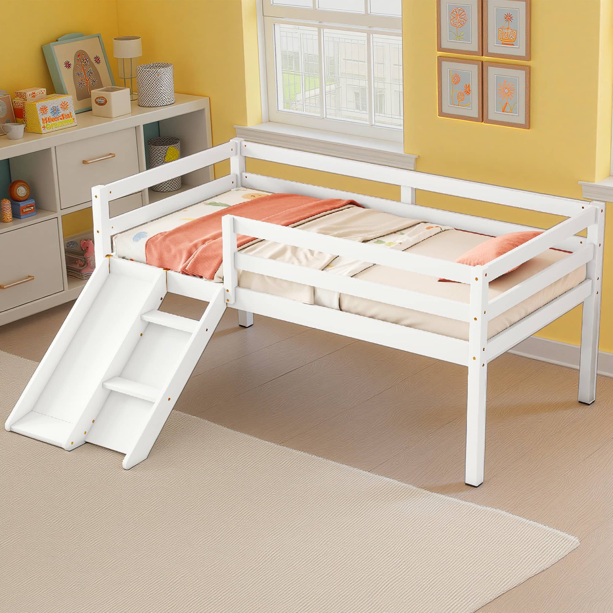 MAYEERTY Twin Loft Bed with Slide, Ladder, Safety Guardrails, House Roof Frame, White