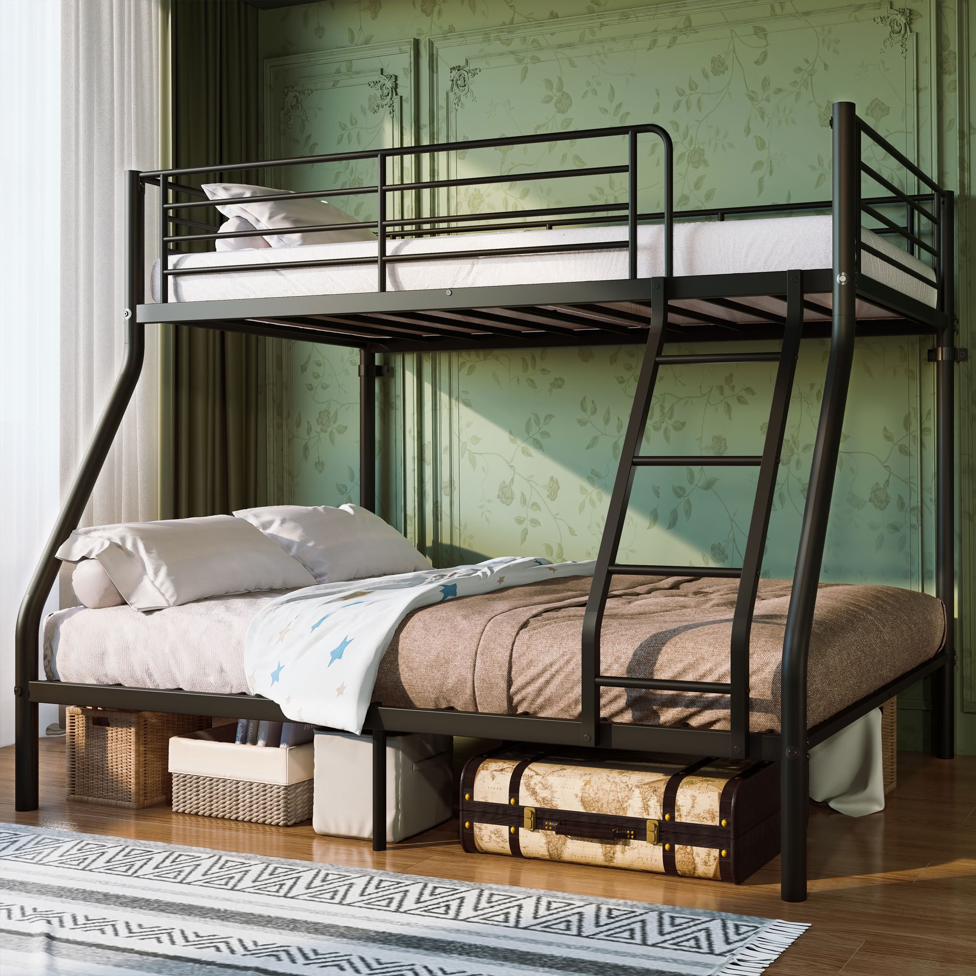 MAYEERTY Twin Over Full Metal Bunk Bed, Heavy Duty 750 lbs Capacity Steel Frame with Guardrail for Kids Adults Dorm Room, Black