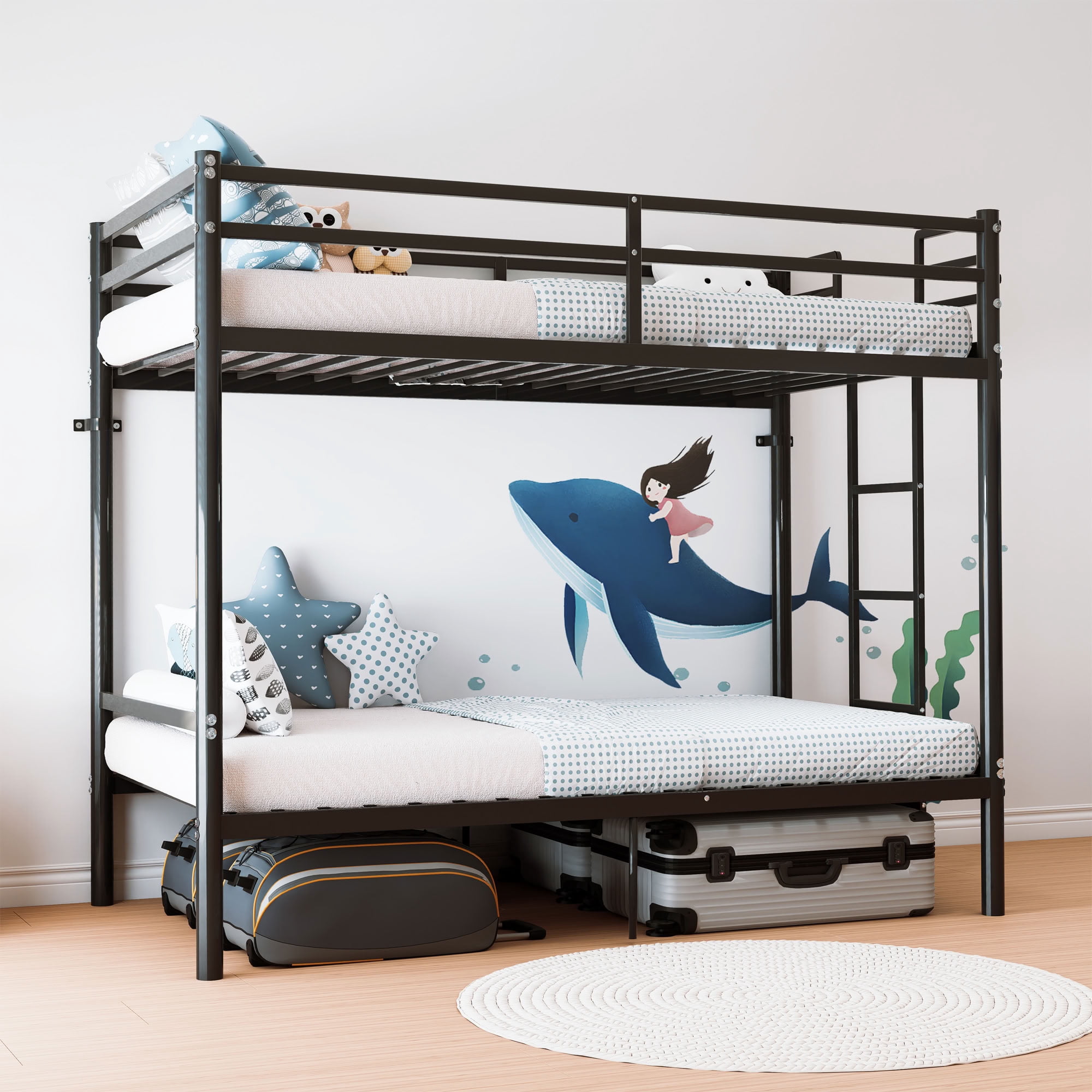 MAYEERTY Twin Over Twin Metal Bunk Bed, Heavy Duty 400 lbs Capacity Frame with Guardrail, Separable for Kids Adults Dorm, Black