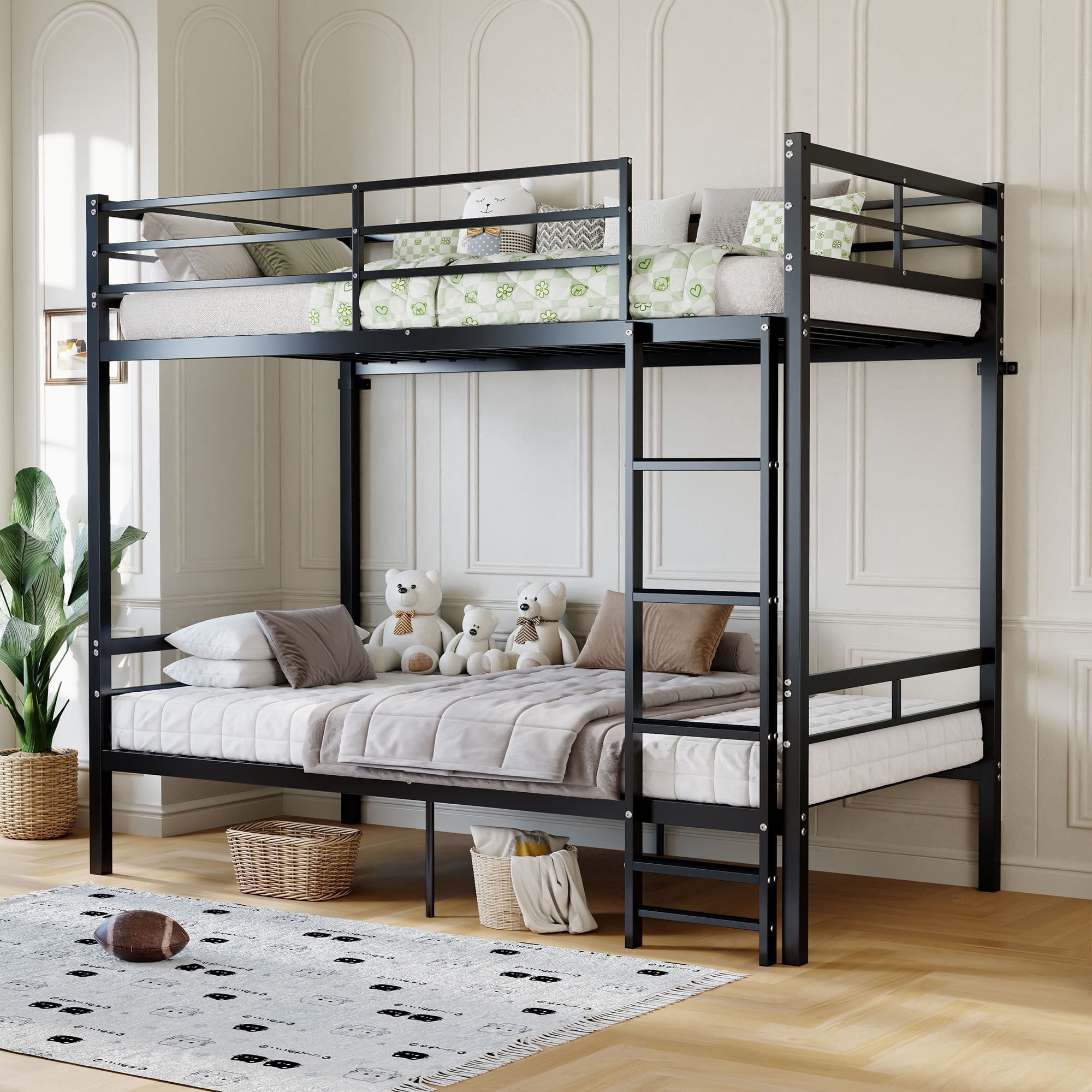 MAYEERTY Twin Over Twin Metal Bunk Bed, Heavy Duty Bunk Bed Frame with Guardrail for Kids Room, Black