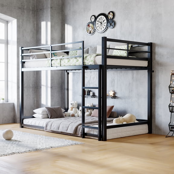 MAYEERTY Twin Over Twin Metal Bunk Bed, Low Profile Heavy Duty Bed Frame with Ladder and Guardrail
