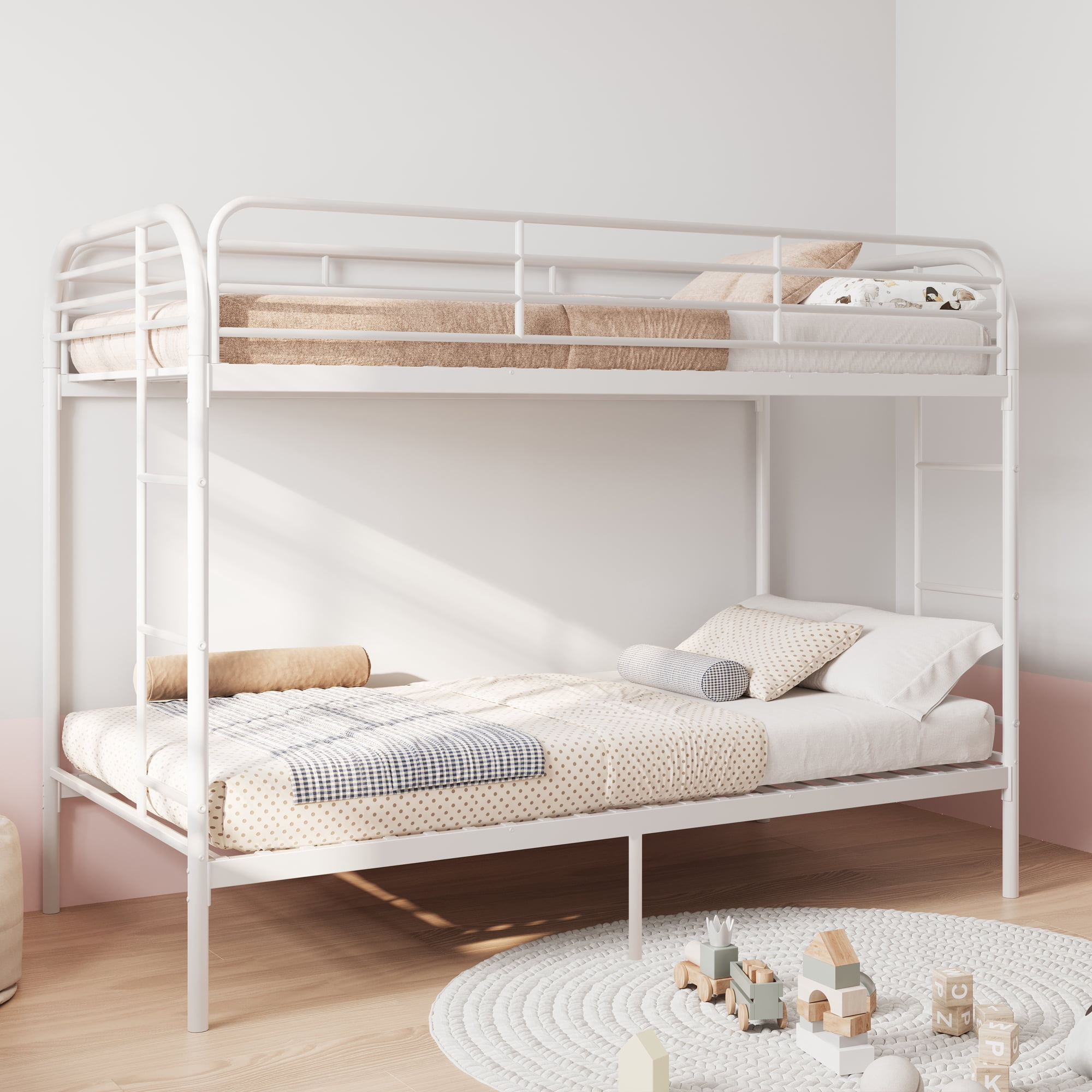 MAYEERTY Twin Over Twin Metal Bunk Bed, Low Profile Steel Bed Frame with Ladder for ids Teens Adults Bedroom Dorm